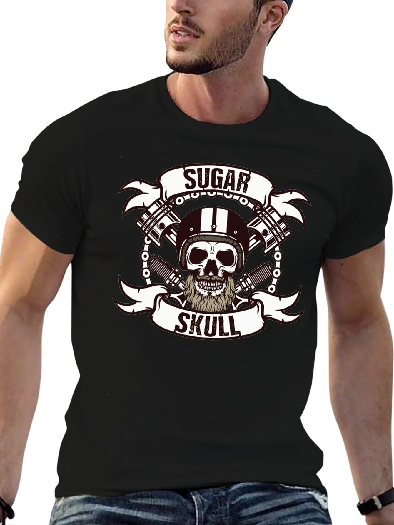 Sugar Skull Biker T-Shirt - Black