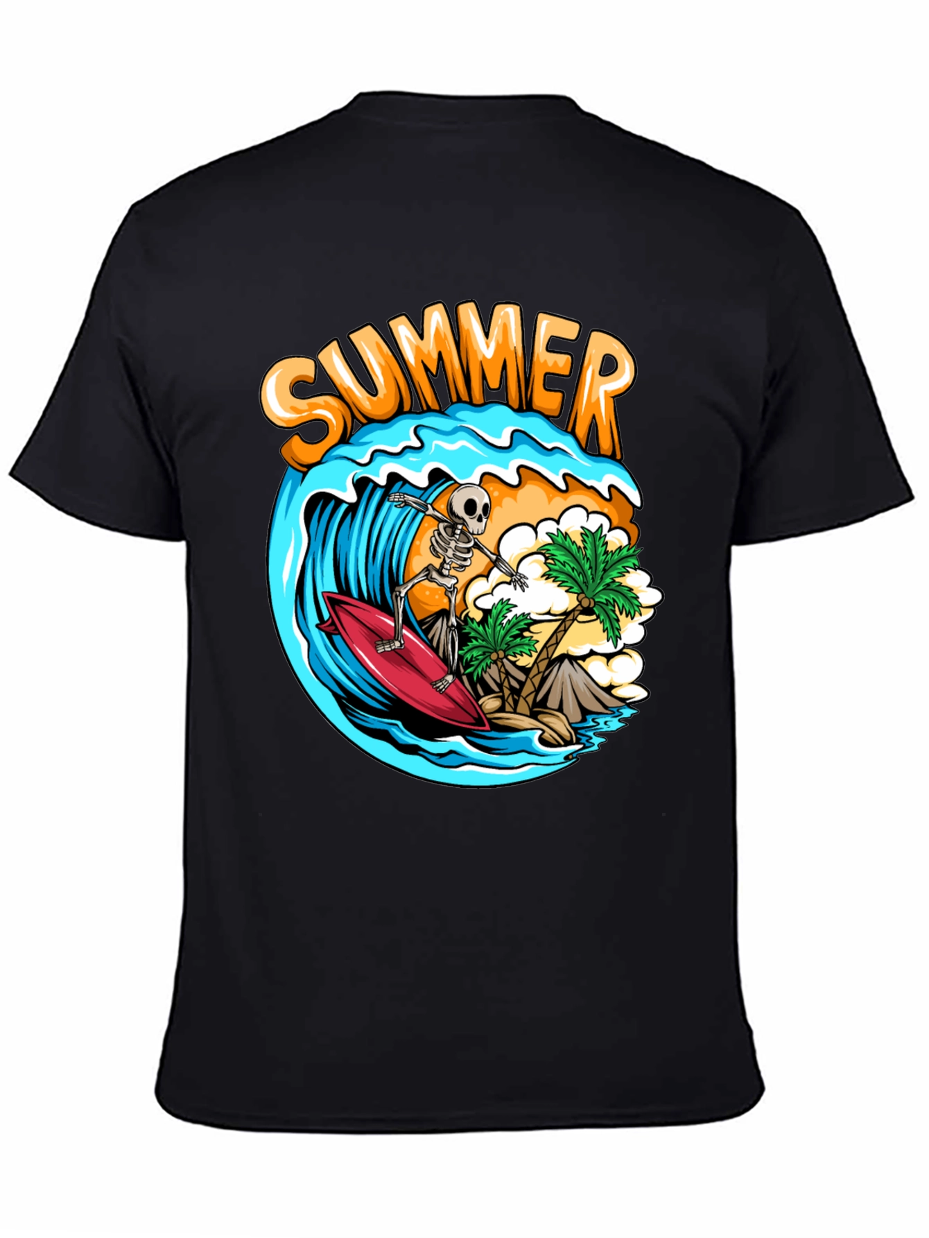 Summer Skeleton Surfing Graphic T-Shirt