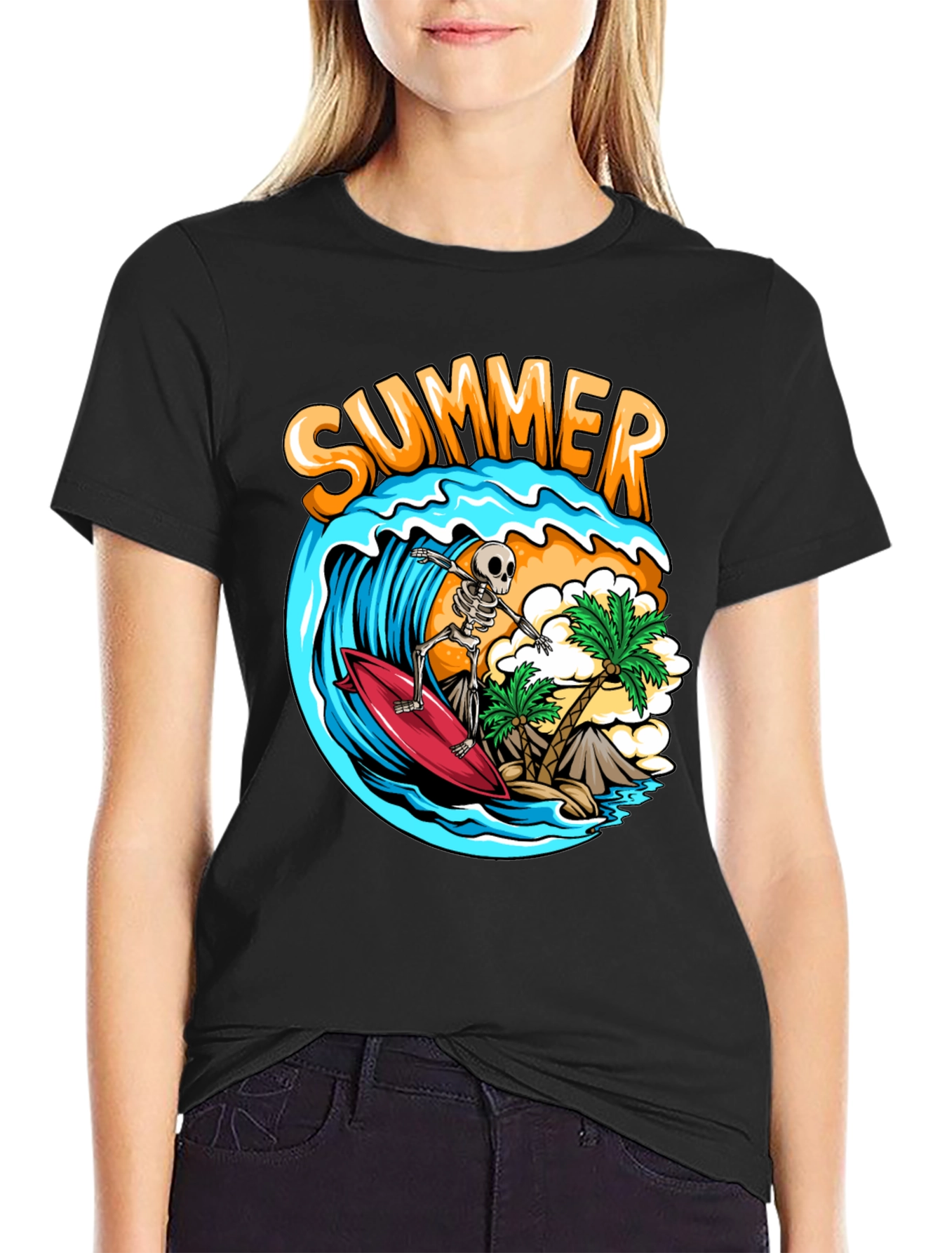 Summer Skeleton Surfing Graphic T-Shirt