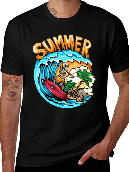 Summer Skeleton Surfing Graphic T-Shirt