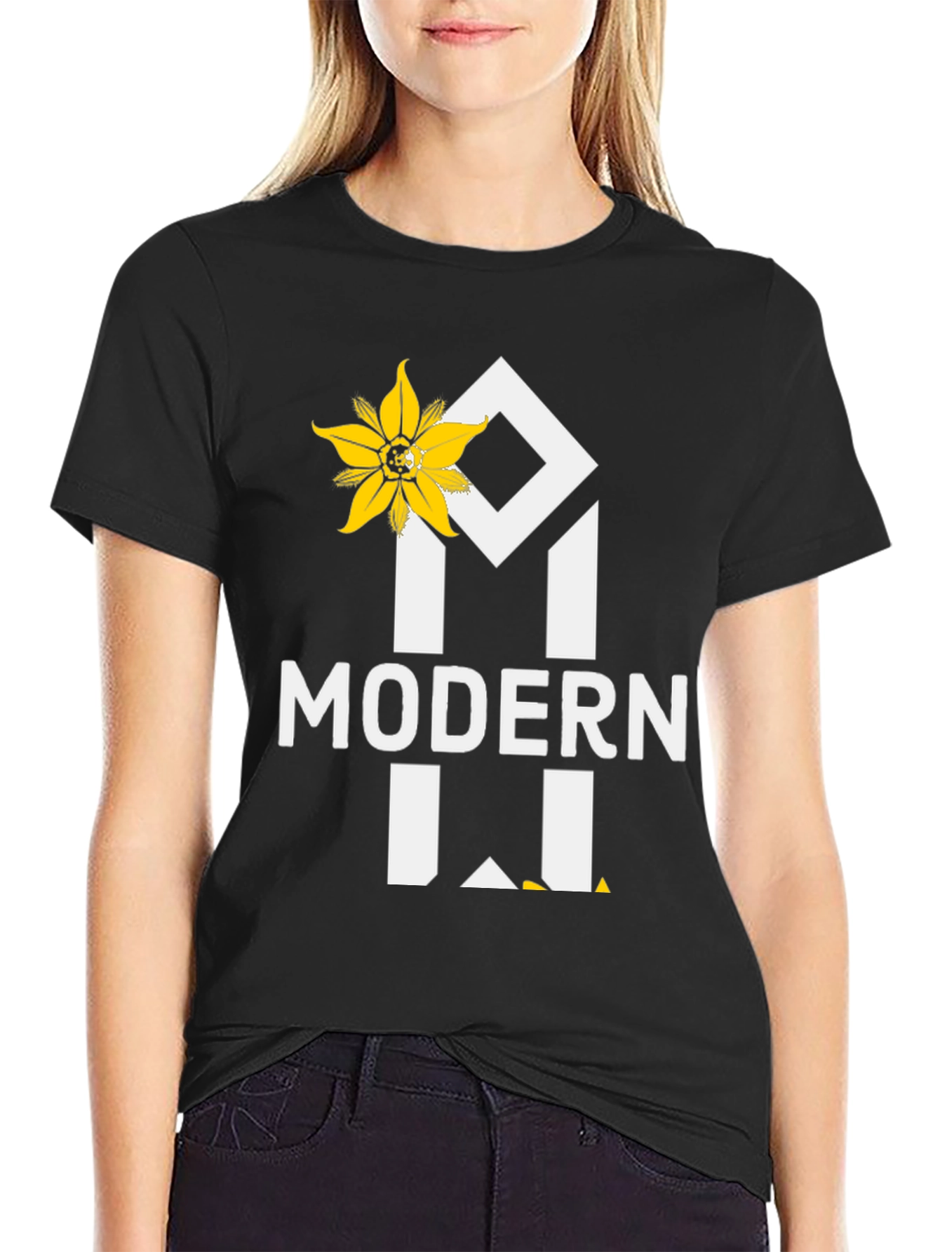 Modern T-Shirt with Floral Accent - Black