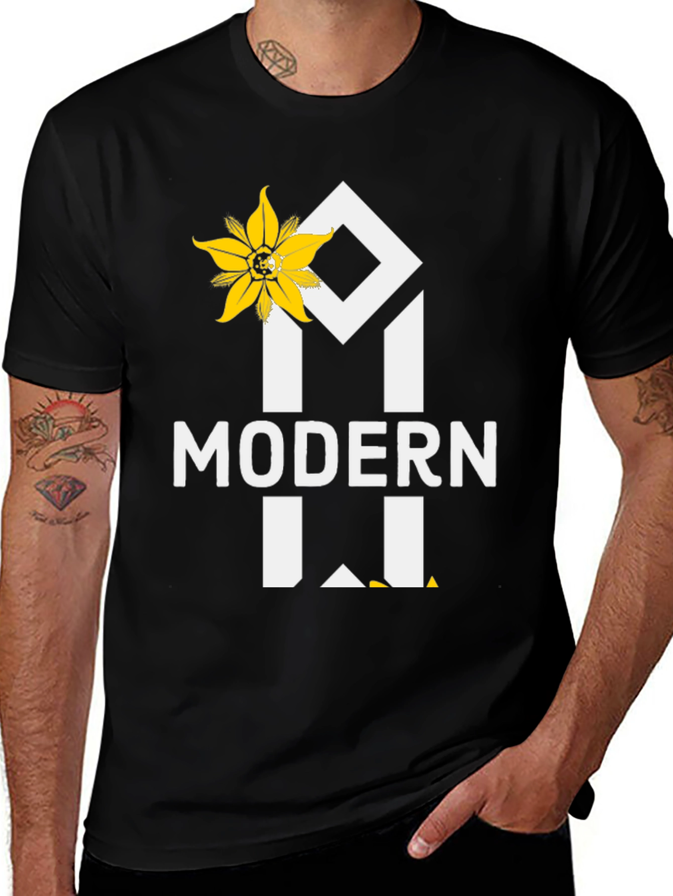 Modern T-Shirt with Floral Accent - Black