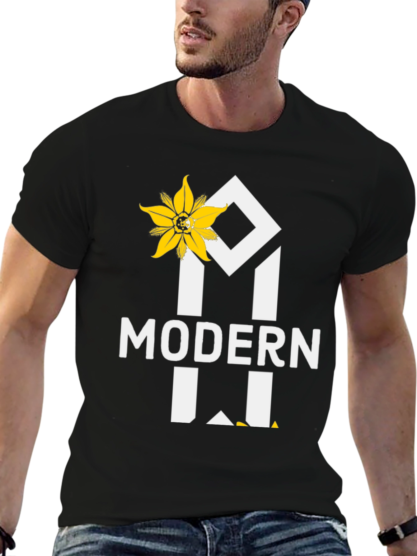 Modern T-Shirt with Floral Accent - Black