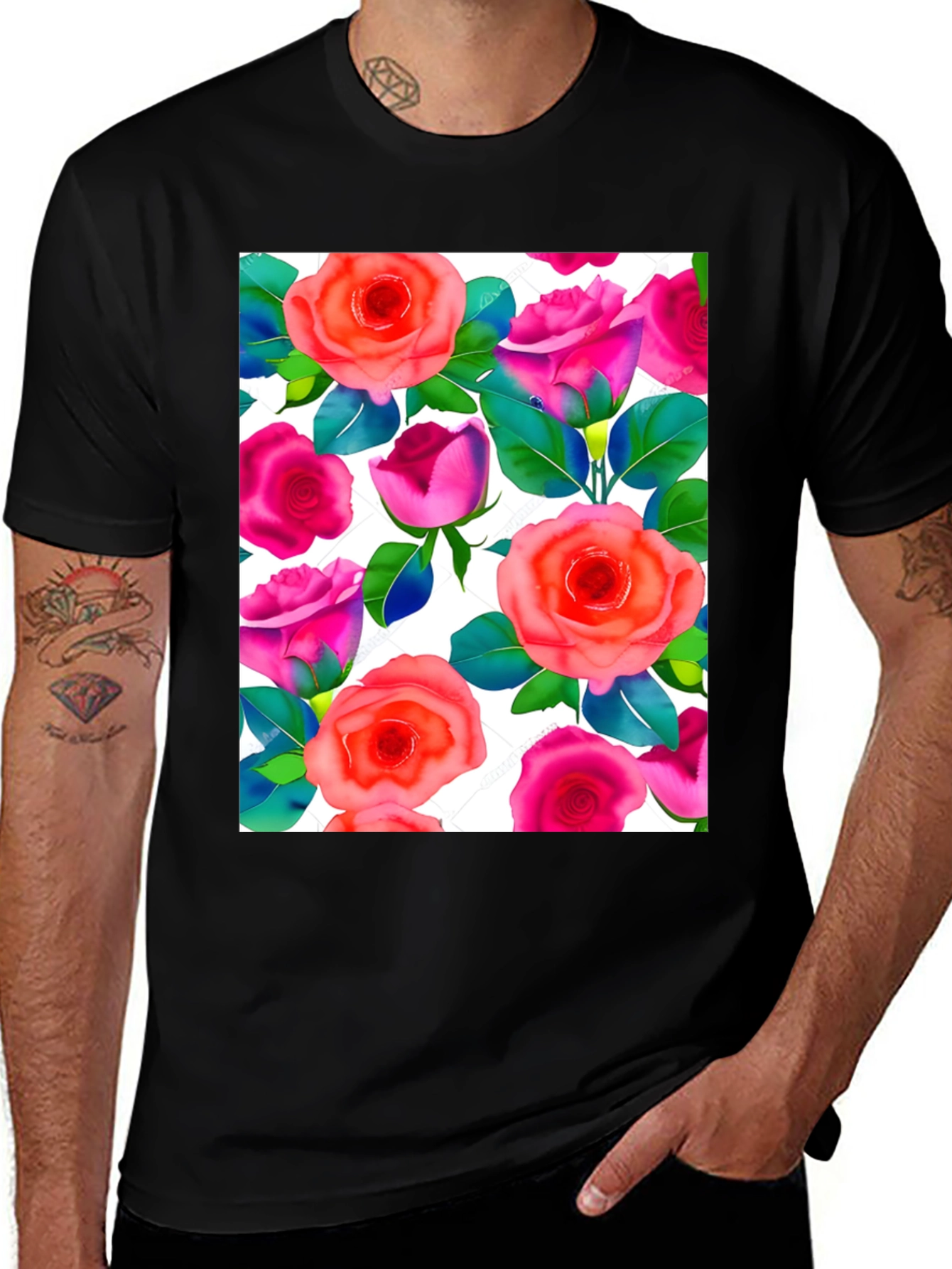 Floral Print T-Shirt - Vibrant Rose Pattern