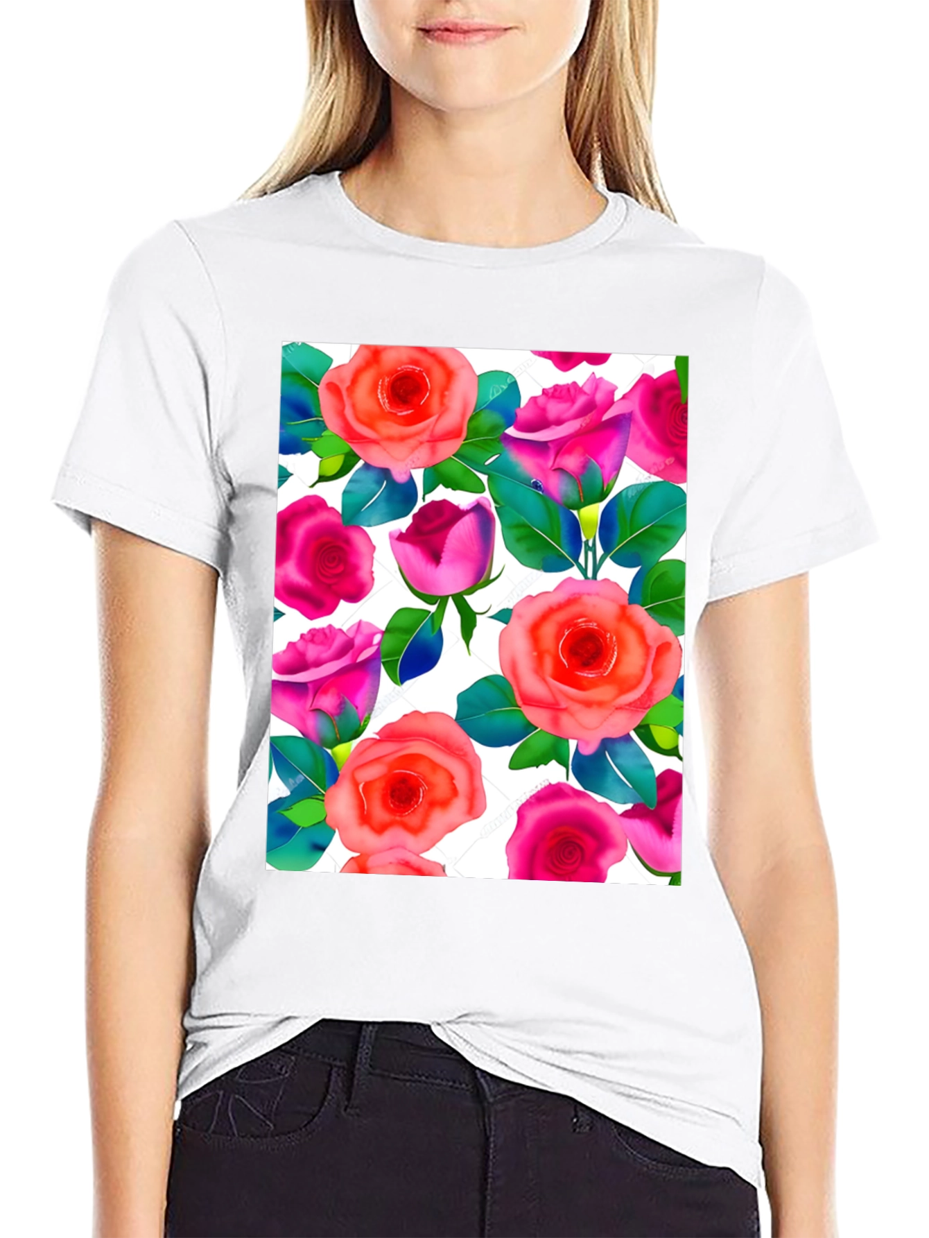 Floral Print T-Shirt - Vibrant Rose Pattern