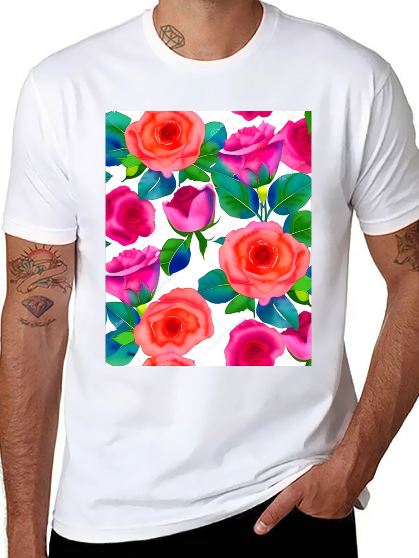 Floral Print T-Shirt - Vibrant Rose Pattern