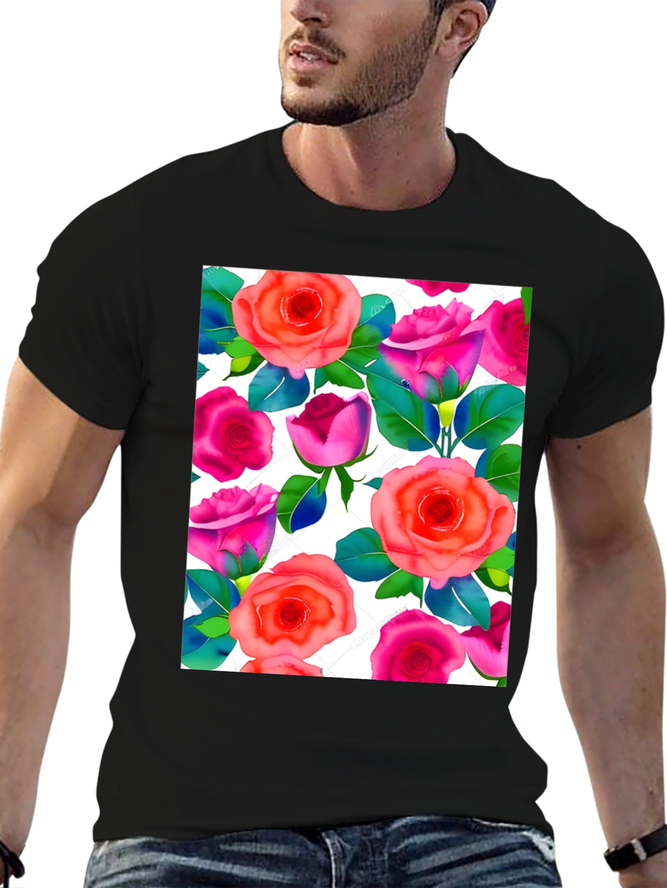 Floral Print T-Shirt - Vibrant Rose Pattern