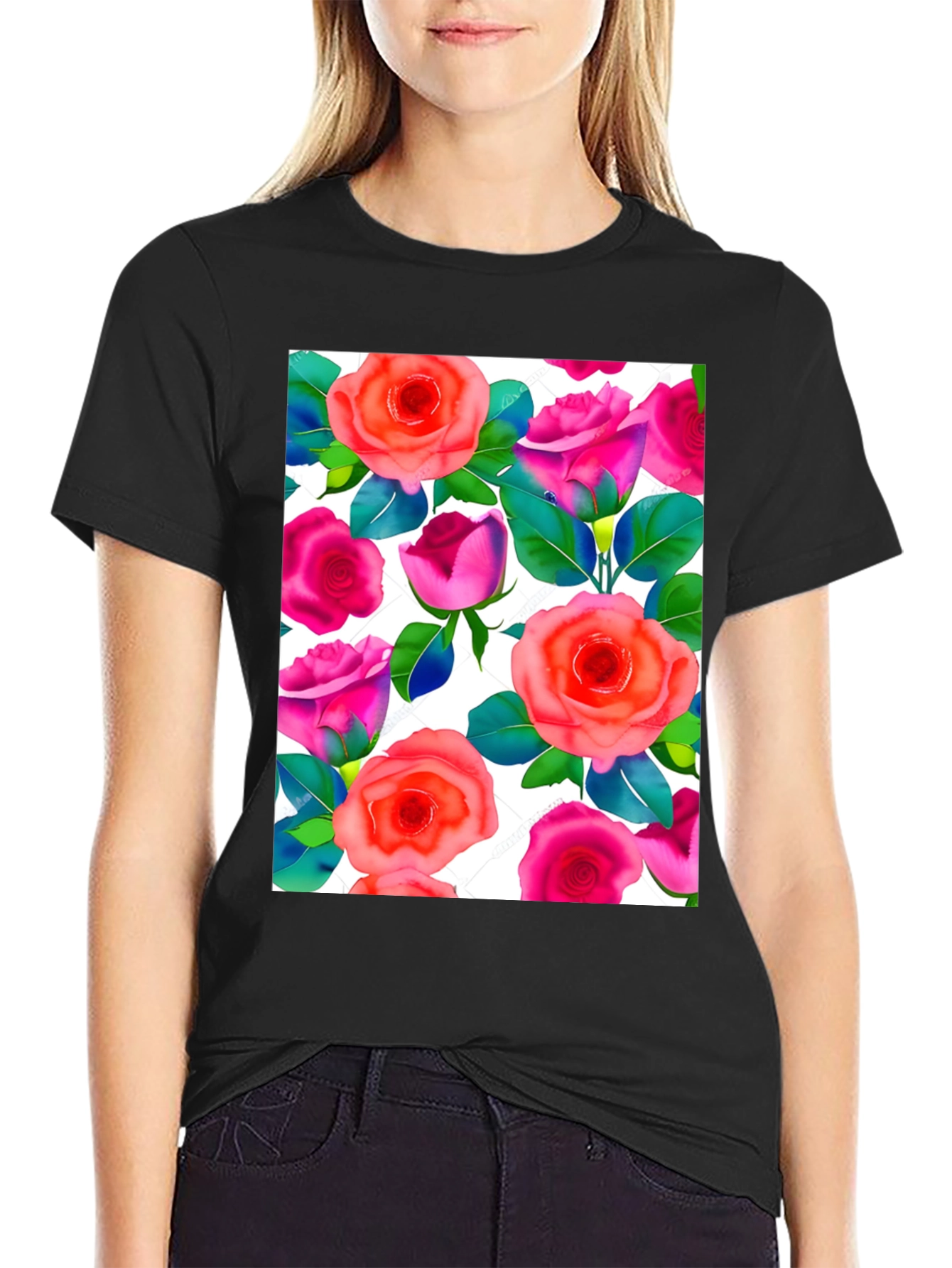 Floral Print T-Shirt - Vibrant Rose Pattern