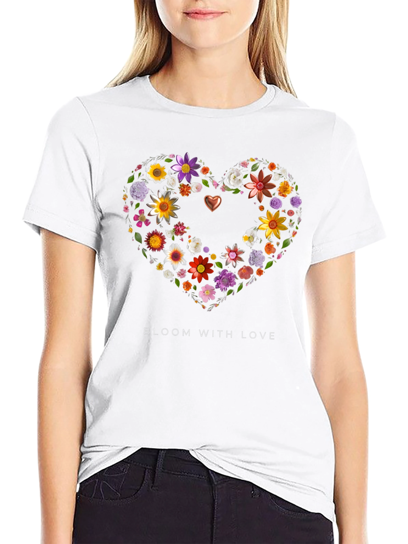 Floral Heart Graphic Black T-Shirt