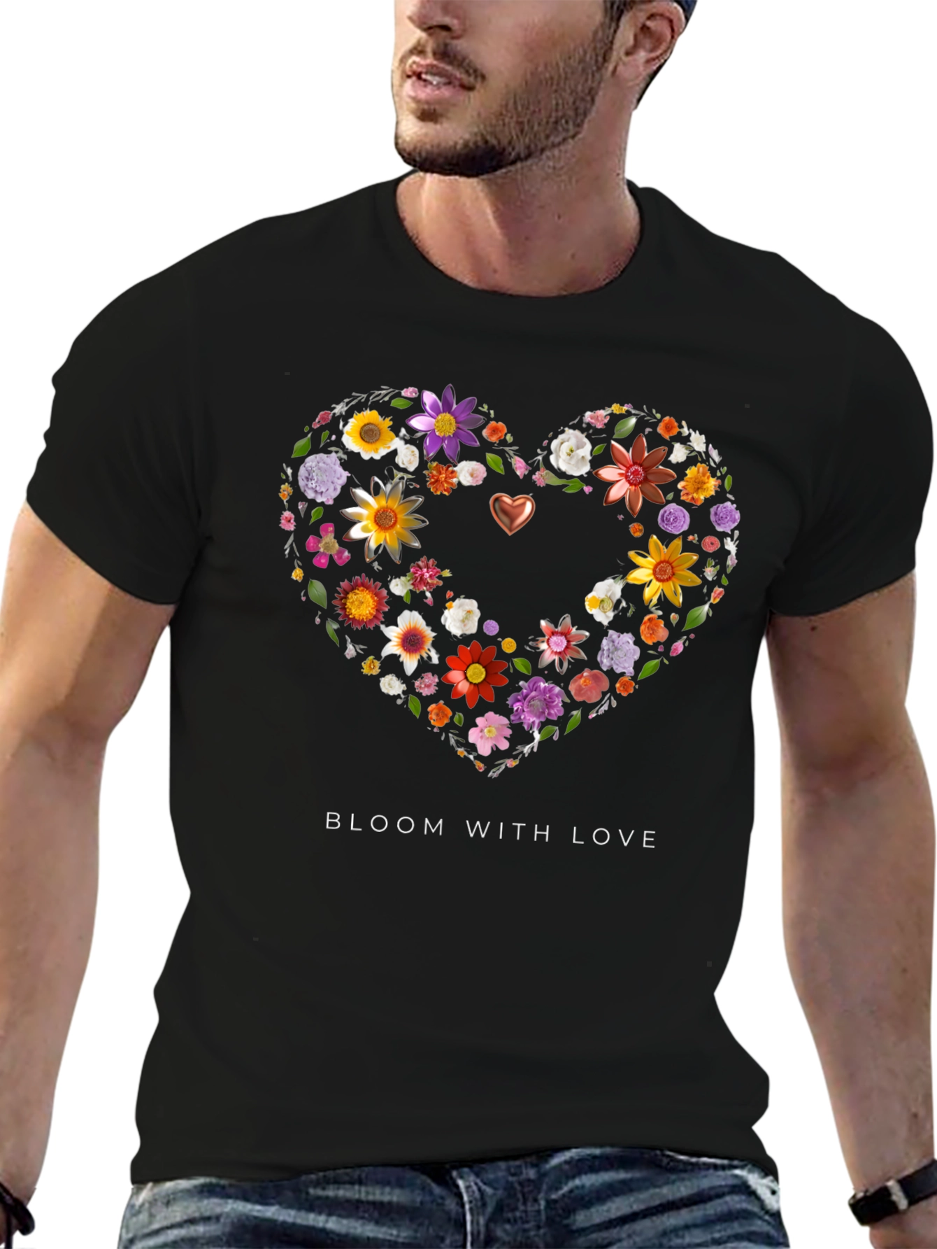 Floral Heart Graphic Black T-Shirt