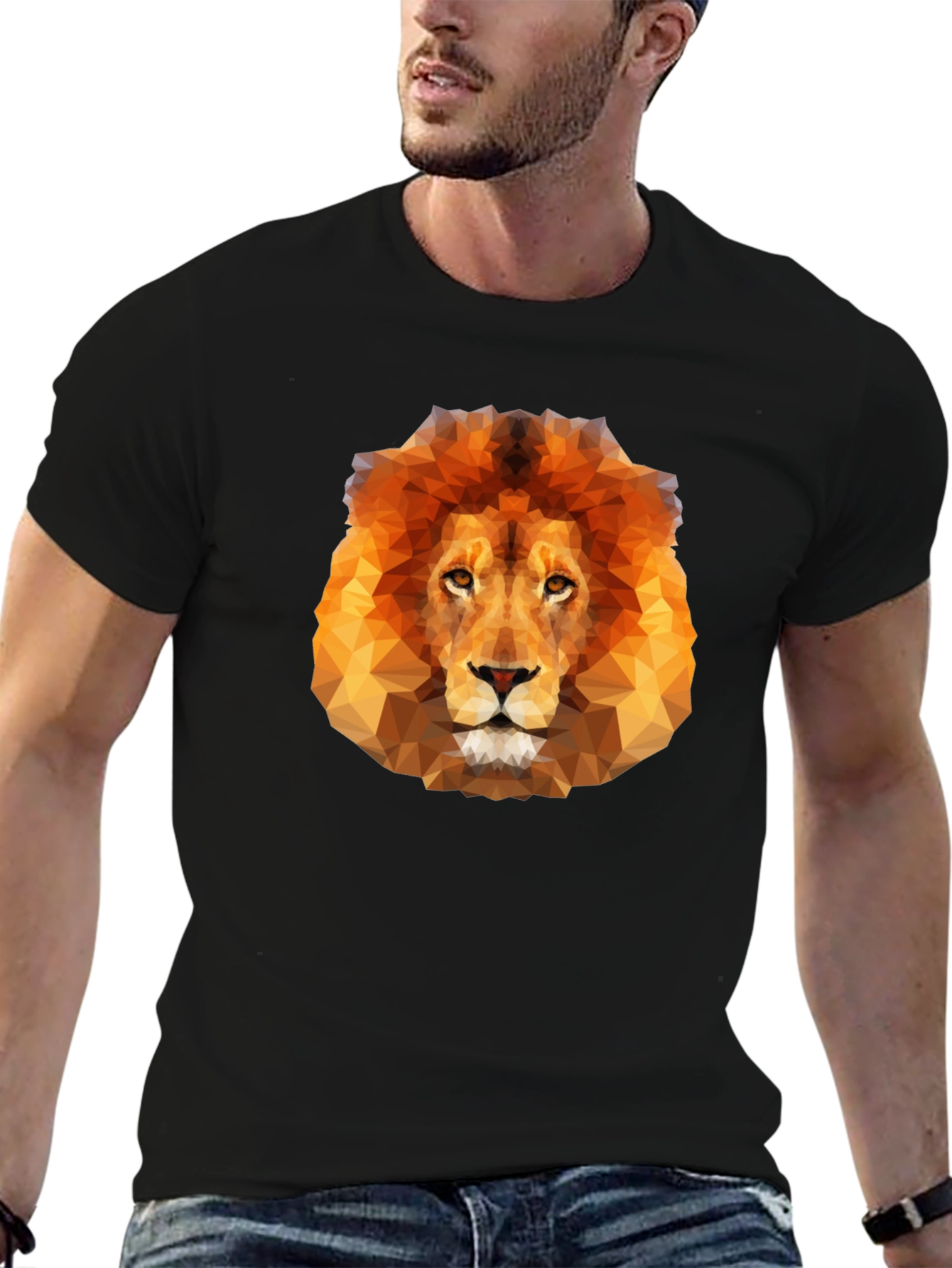 Geometric Lion Head Graphic Black T-Shirt