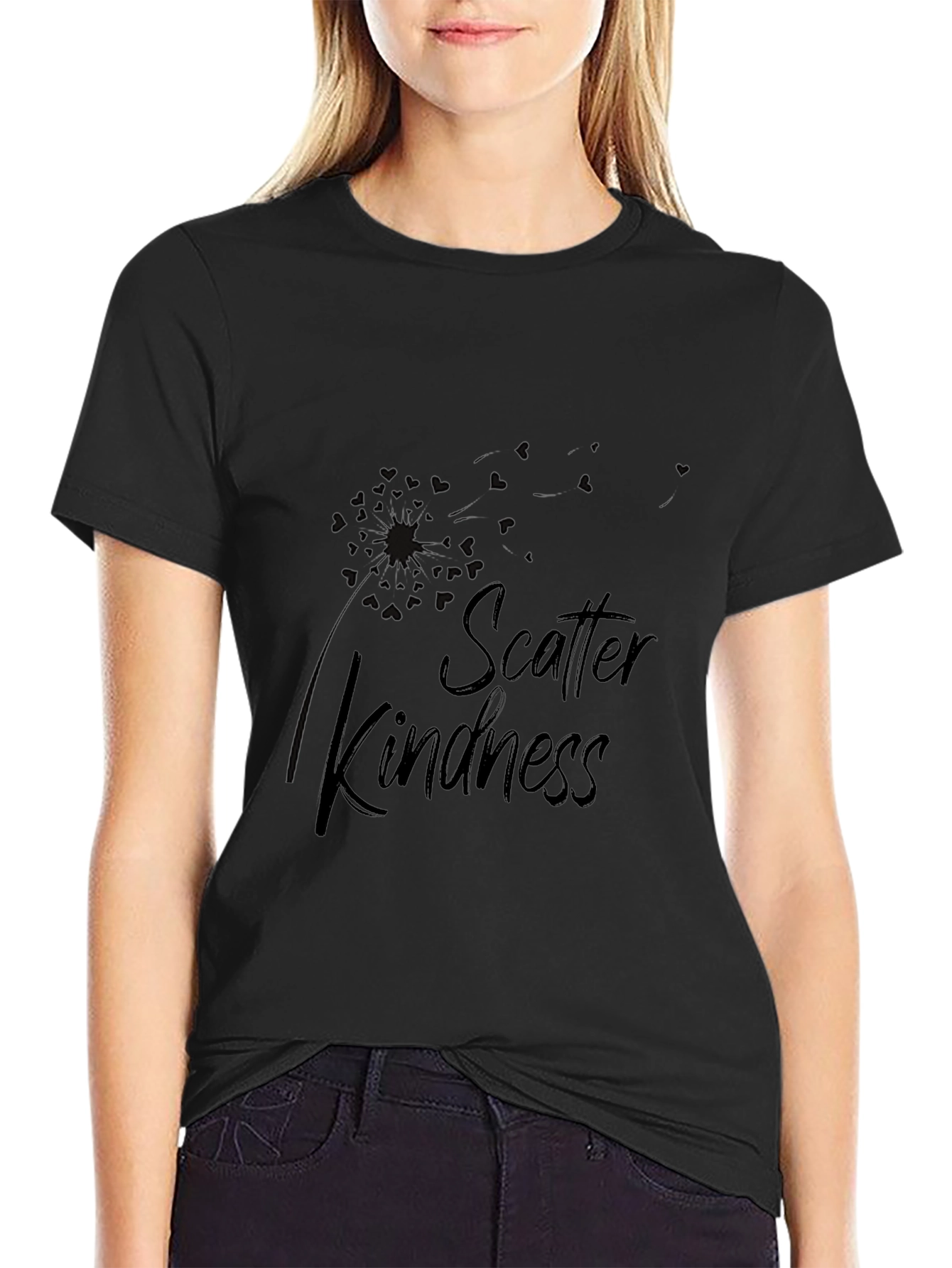 Scatter Kindness Graphic Tee - Black Cotton Casual T-Shirt