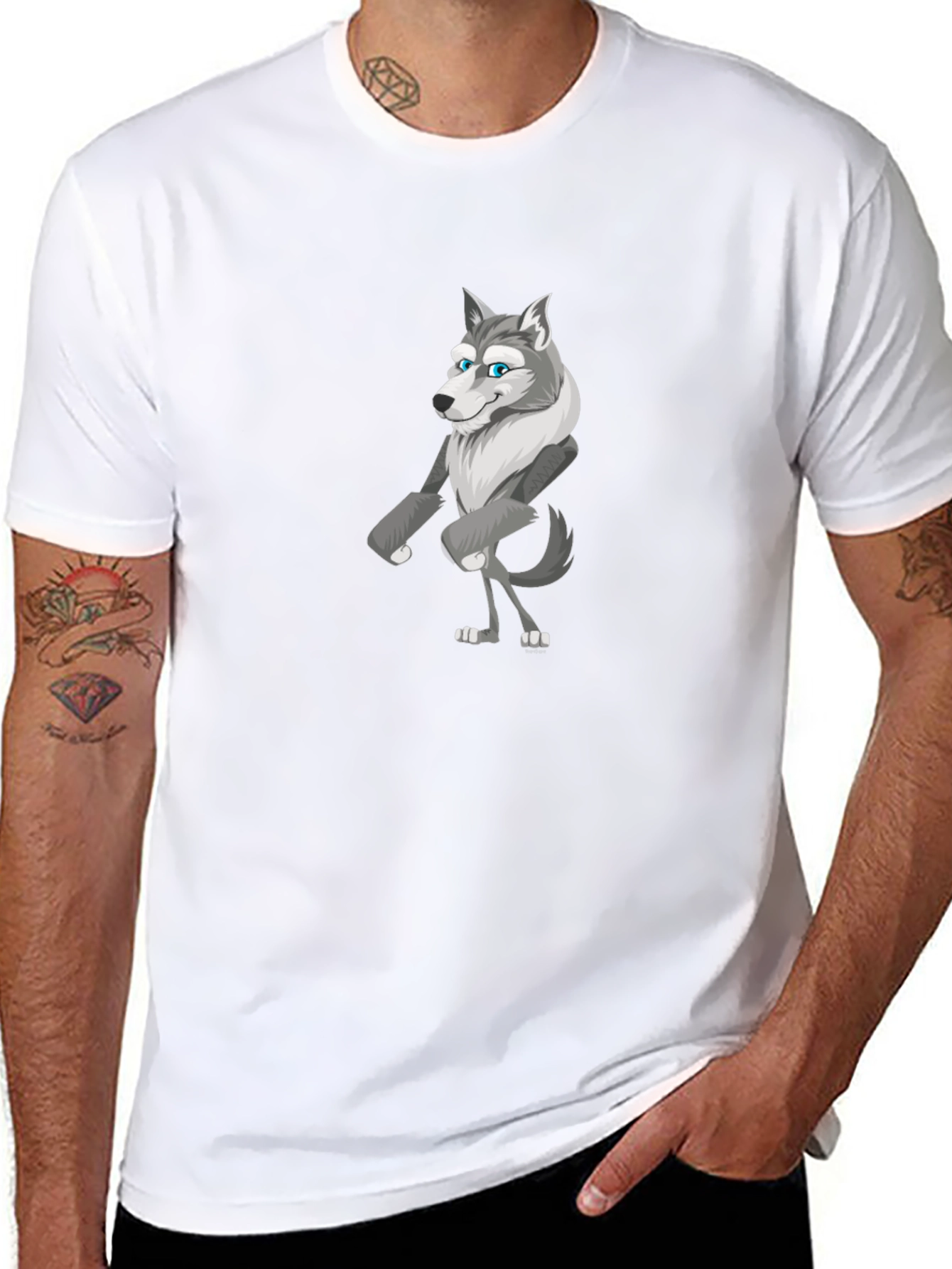 Cartoon Wolf Graphic Tee - Black Cotton T-Shirt