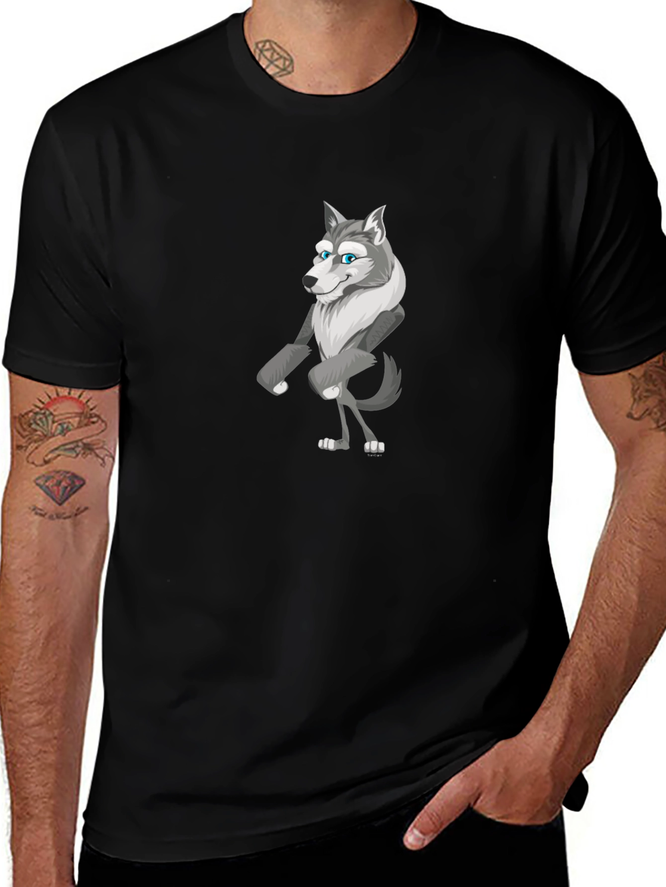 Cartoon Wolf Graphic Tee - Black Cotton T-Shirt