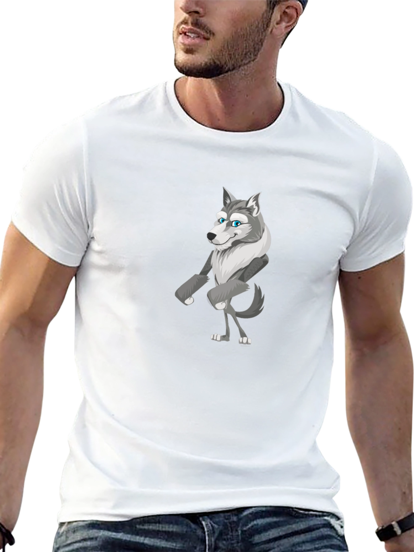 Cartoon Wolf Graphic Tee - Black Cotton T-Shirt