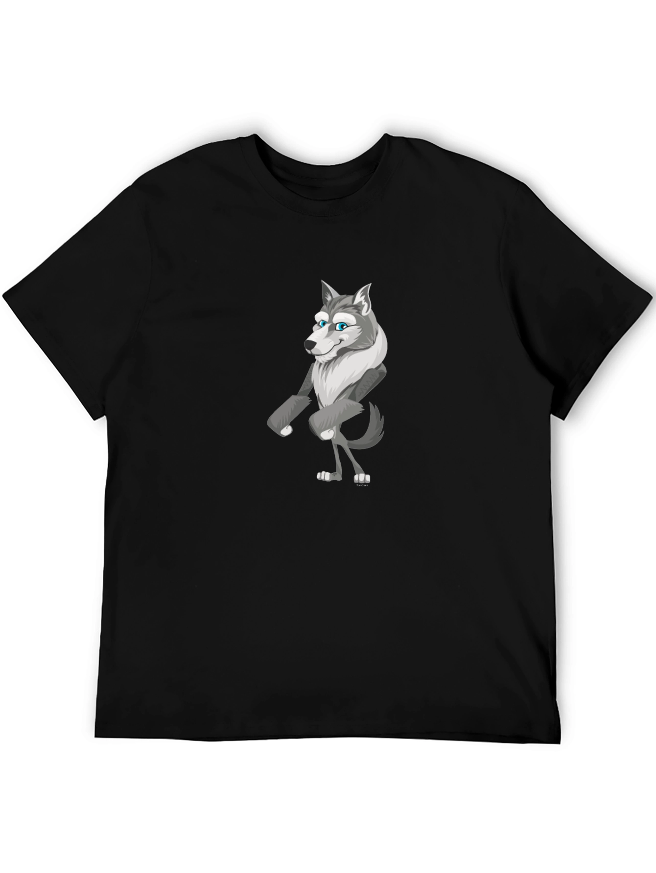 Cartoon Wolf Graphic Tee - Black Cotton T-Shirt
