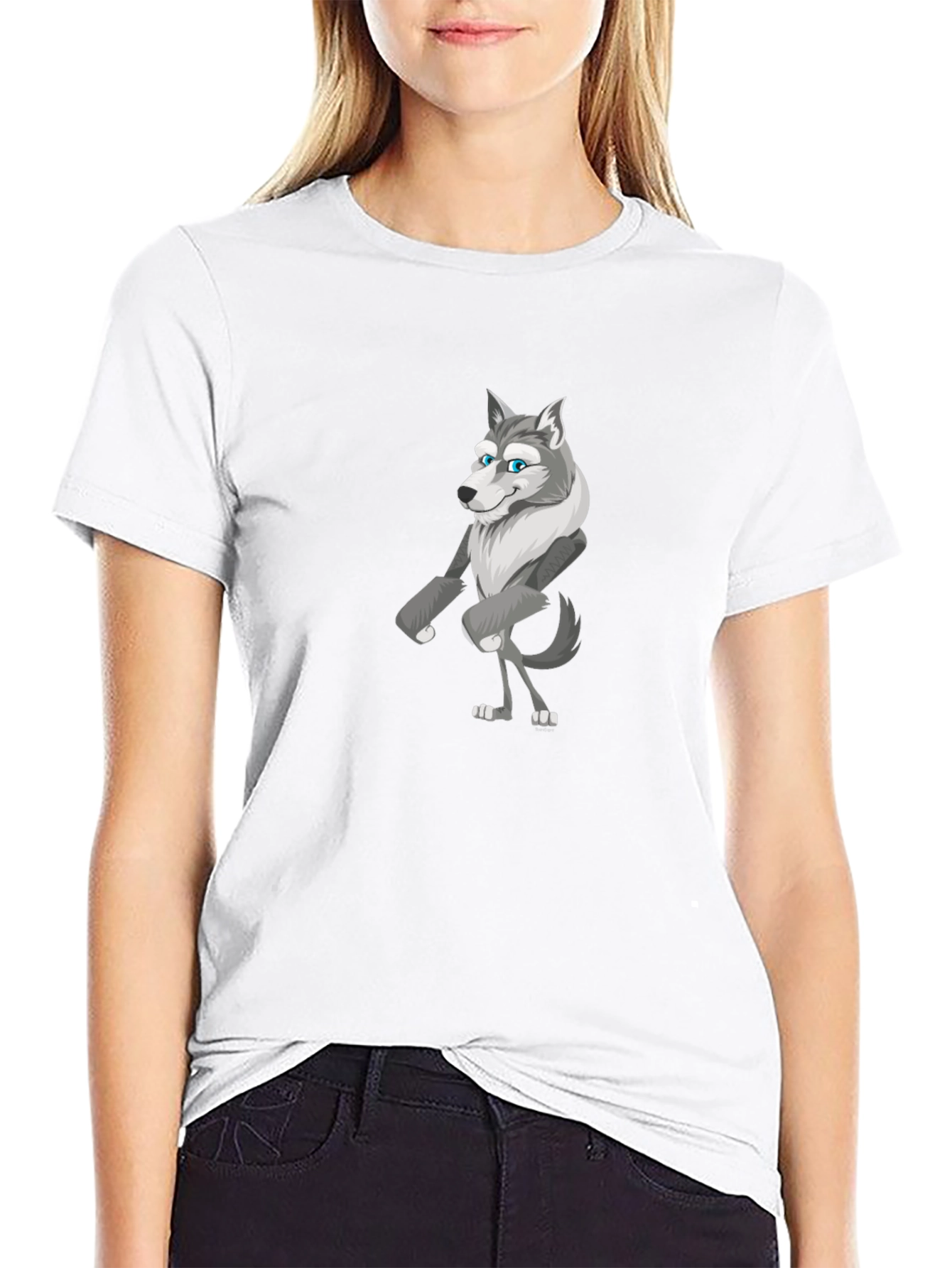 Cartoon Wolf Graphic Tee - Black Cotton T-Shirt