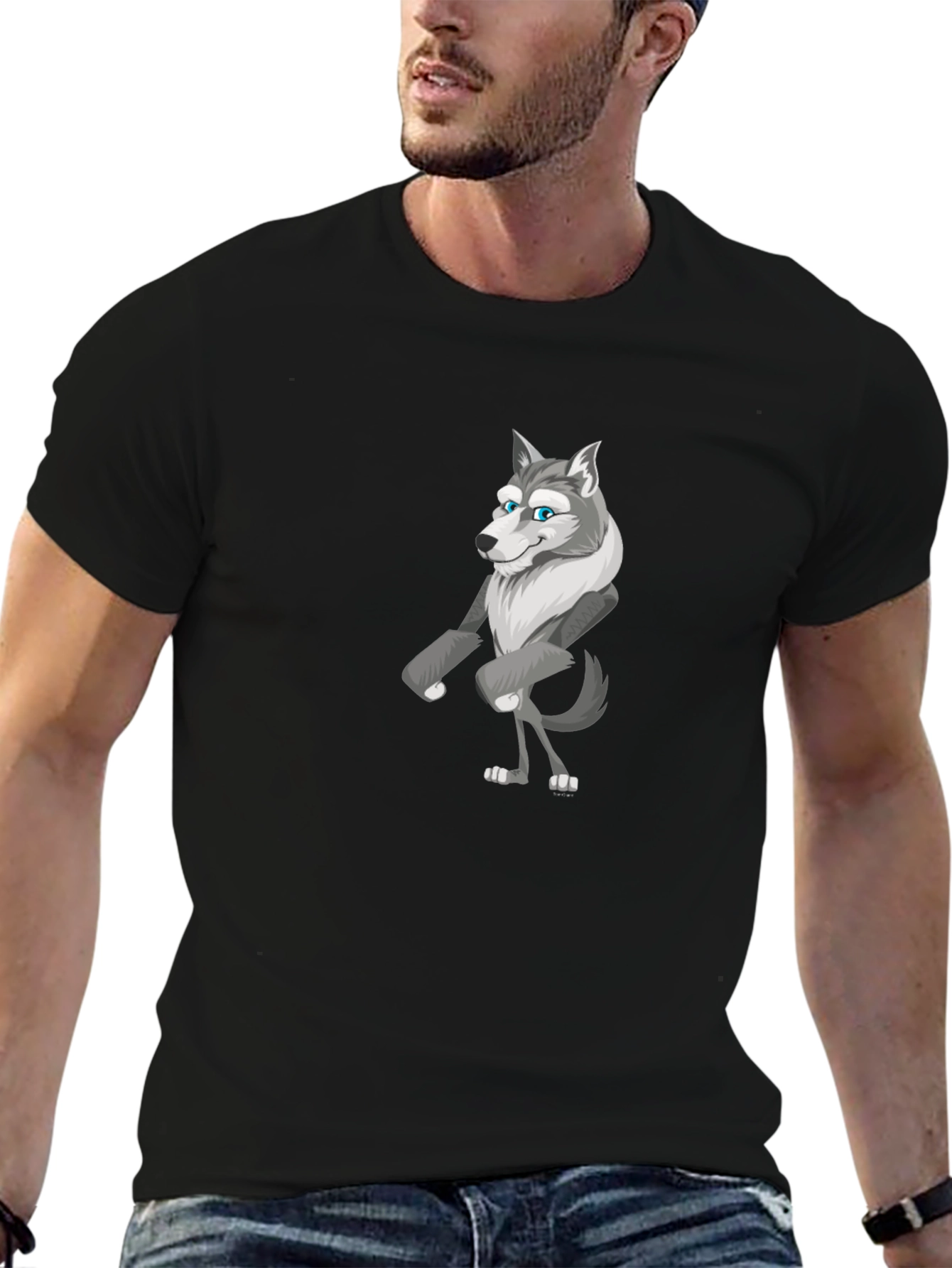 Cartoon Wolf Graphic Tee - Black Cotton T-Shirt