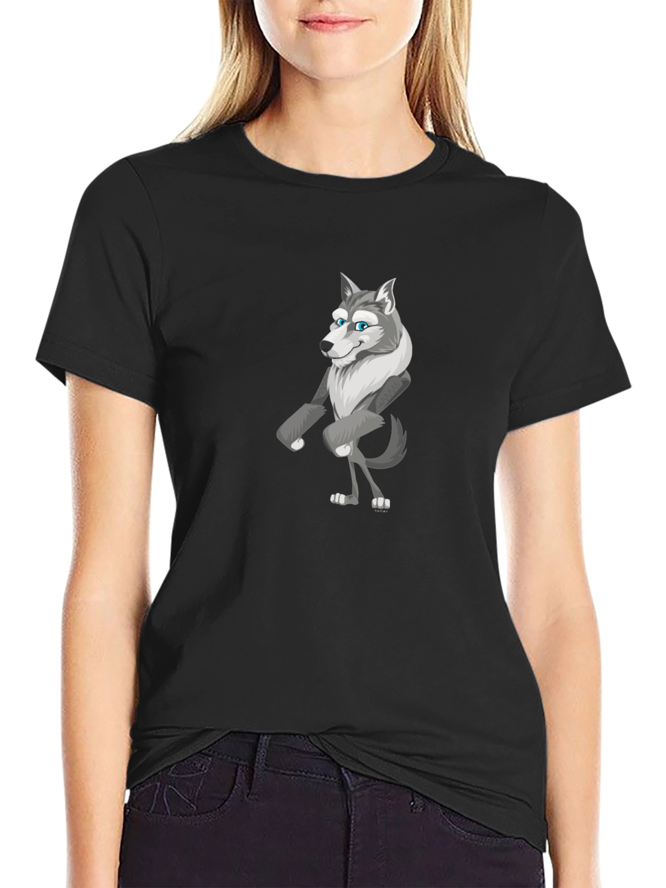 Cartoon Wolf Graphic Tee - Black Cotton T-Shirt