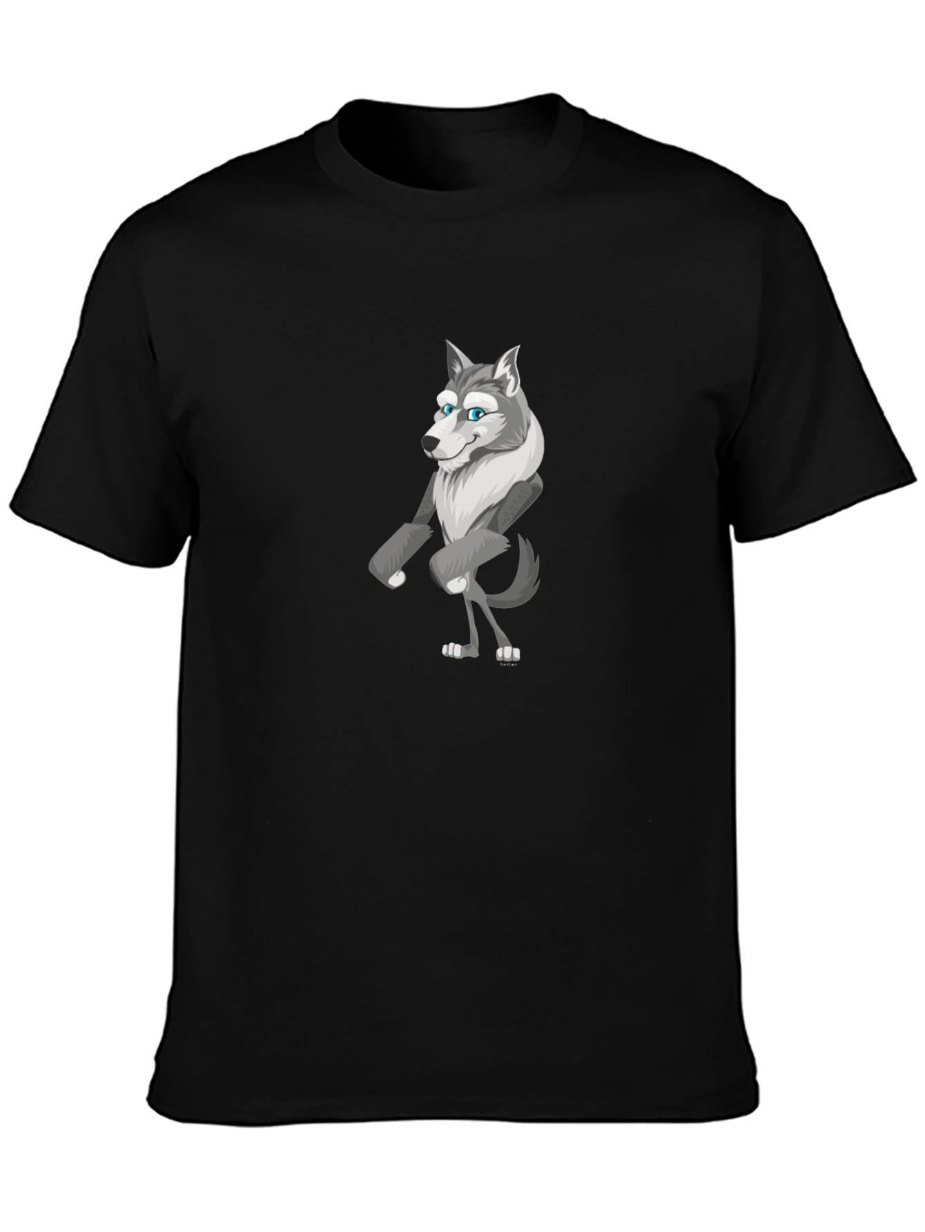 Cartoon Wolf Graphic Tee - Black Cotton T-Shirt