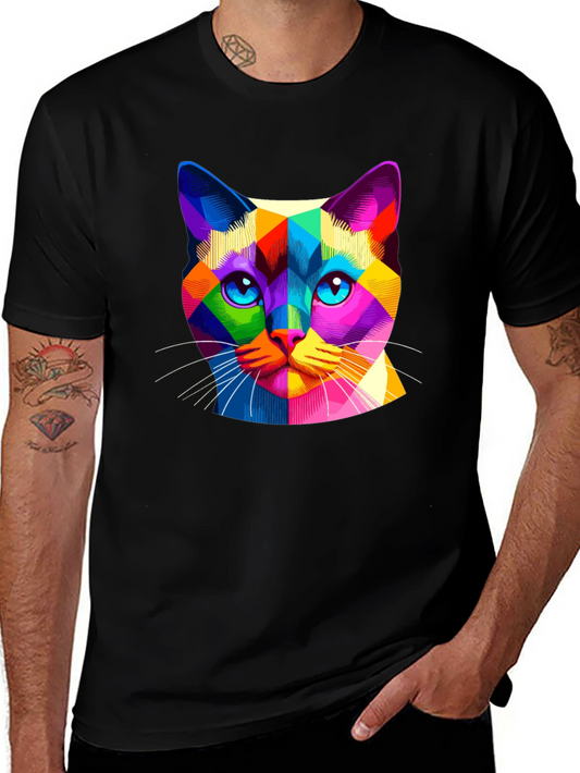 Colorful Geometric Cat Print Black T-Shirt
