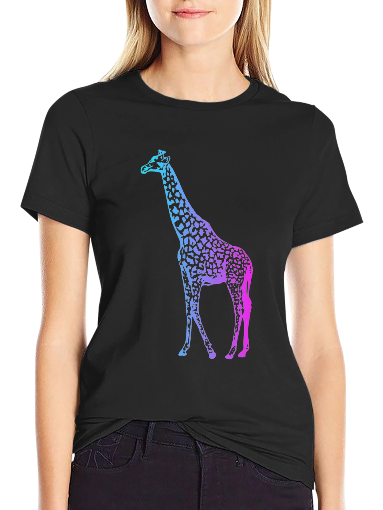 Gradient Giraffe Print Black T-Shirt