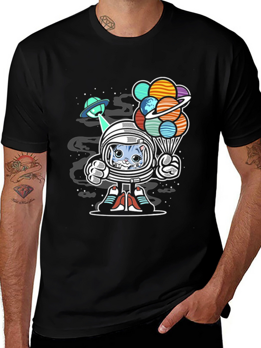 Astronaut Cat Planet Balloons Graphic Tee