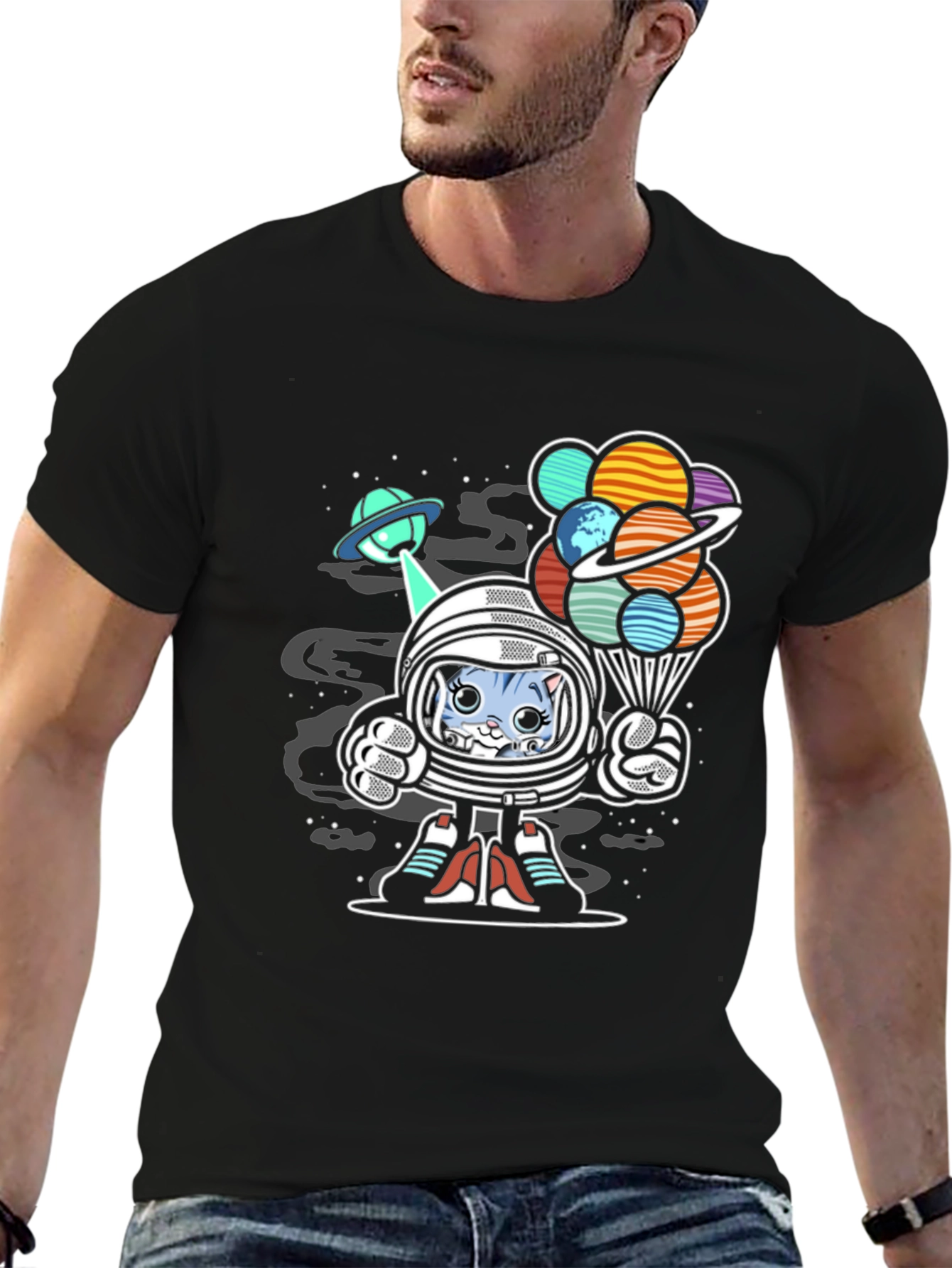 Astronaut Cat Planet Balloons Graphic Tee