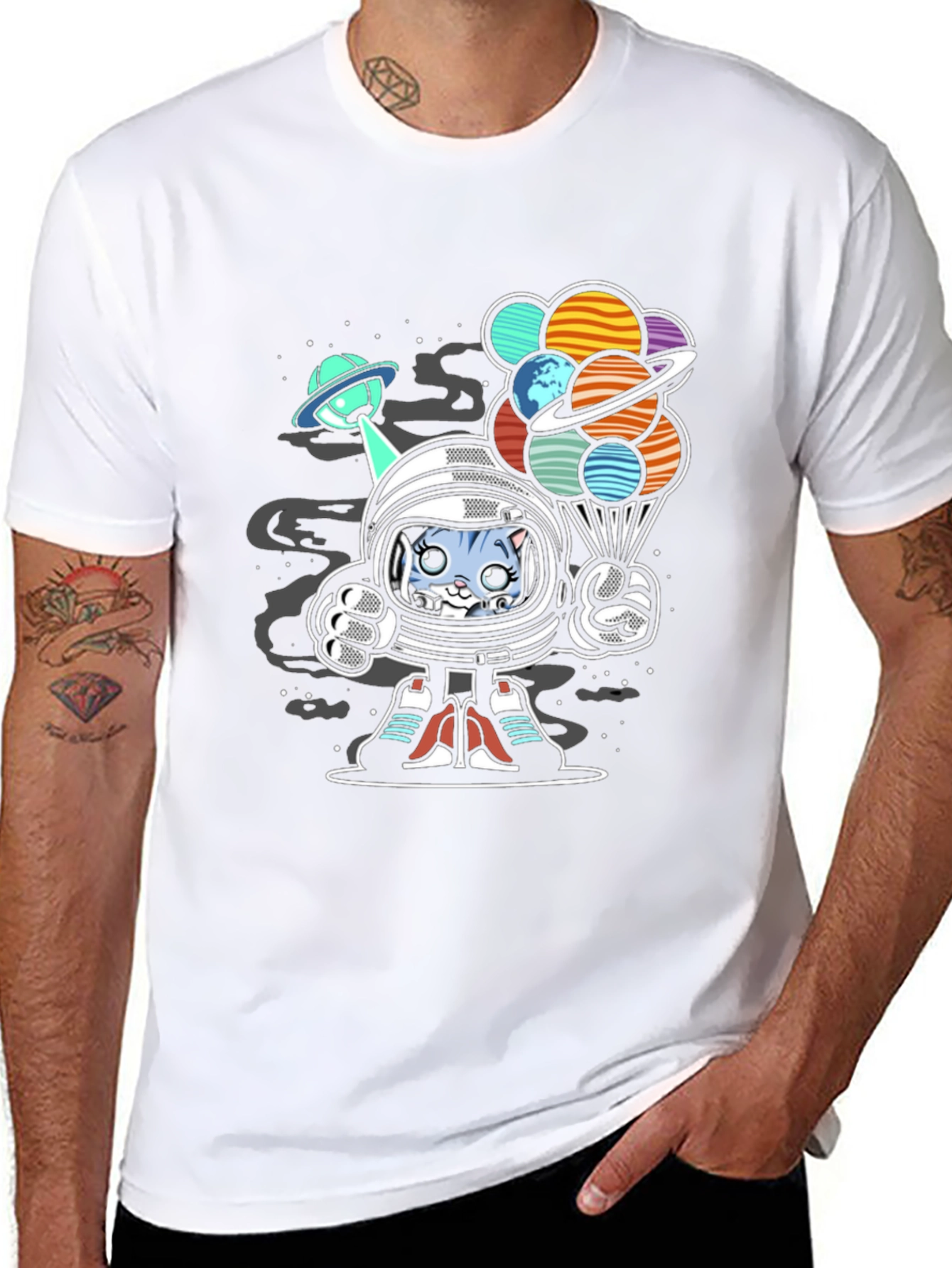 Astronaut Cat Planet Balloons Graphic Tee