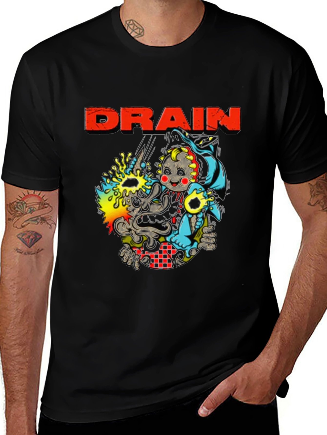 Drain Cartoon Graphic Black T-Shirt