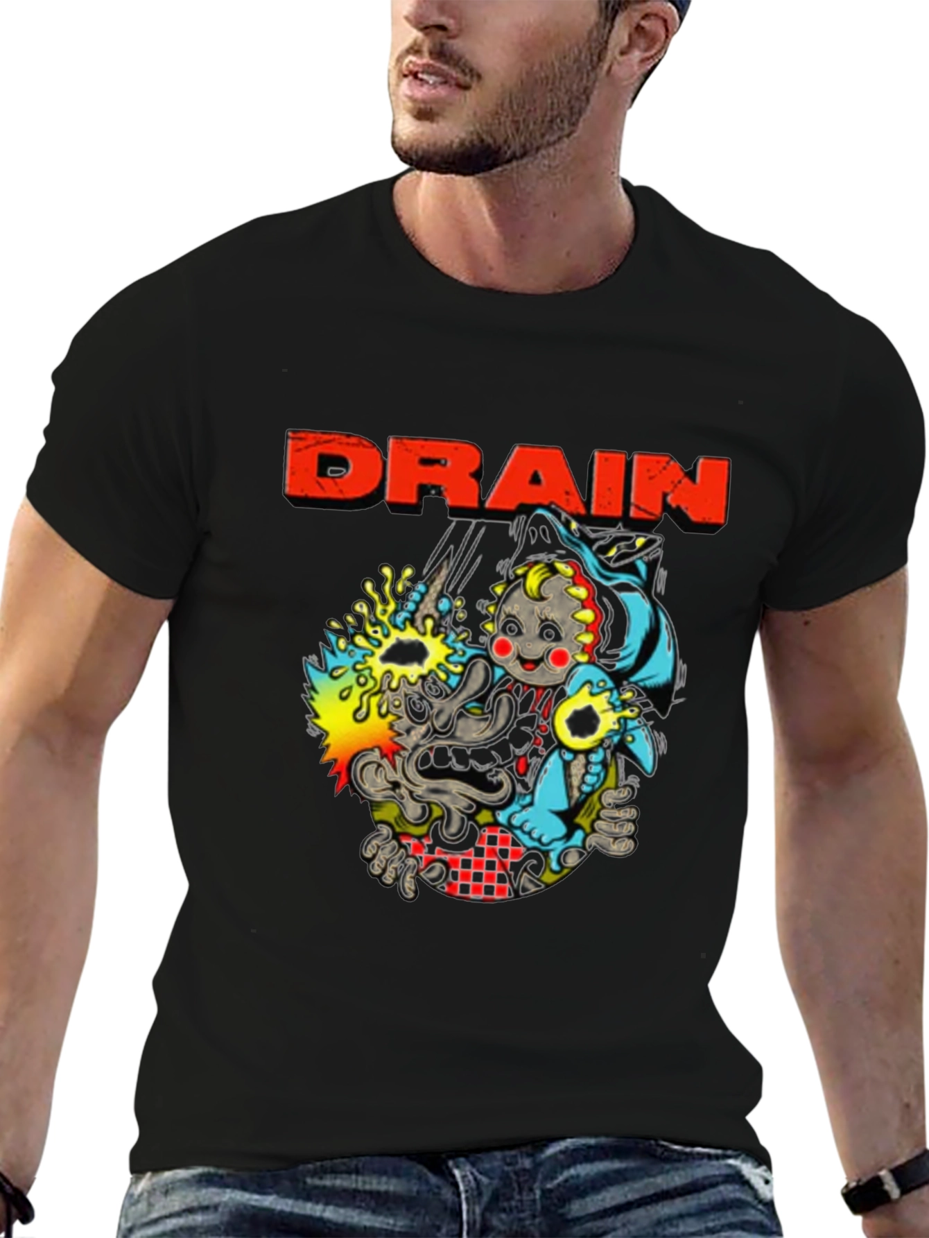 Drain Cartoon Graphic Black T-Shirt