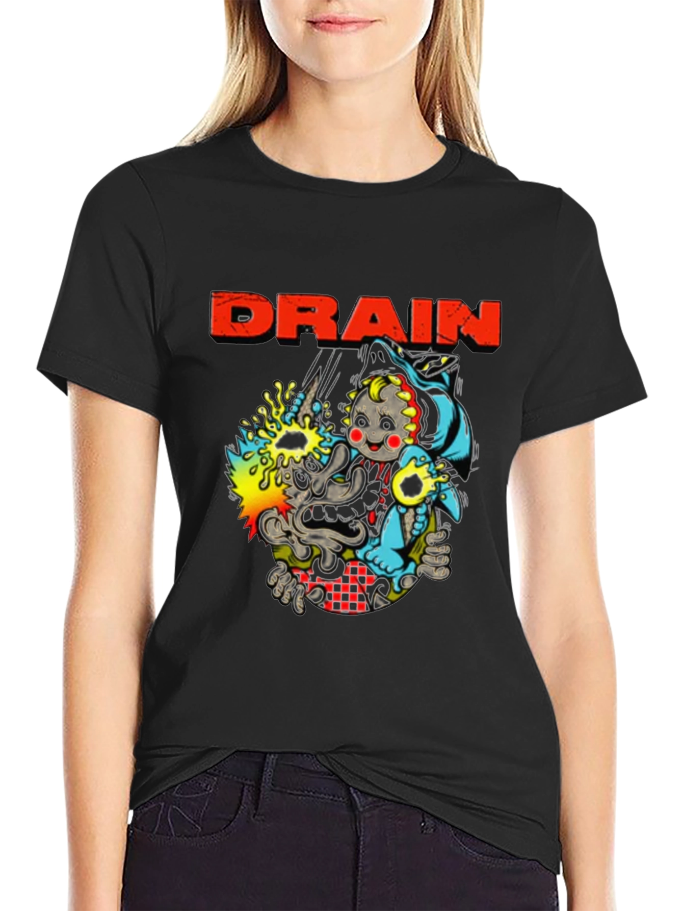 Drain Cartoon Graphic Black T-Shirt