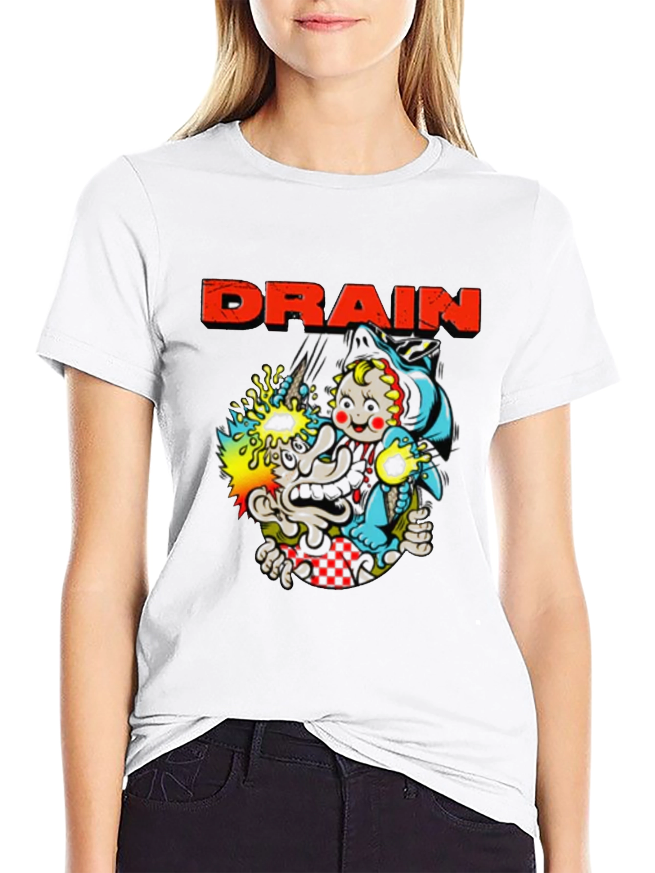Drain Cartoon Graphic Black T-Shirt