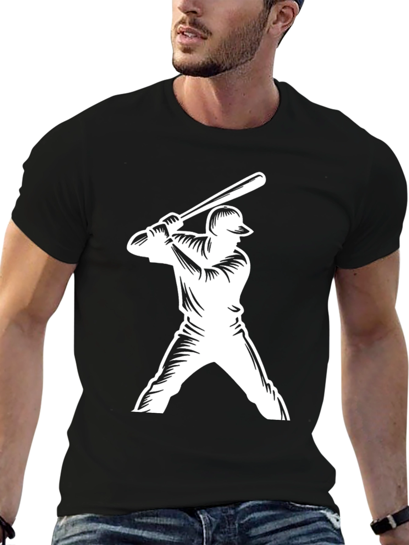 Baseball Player Graphic Tee - Black Casual T-Shirt