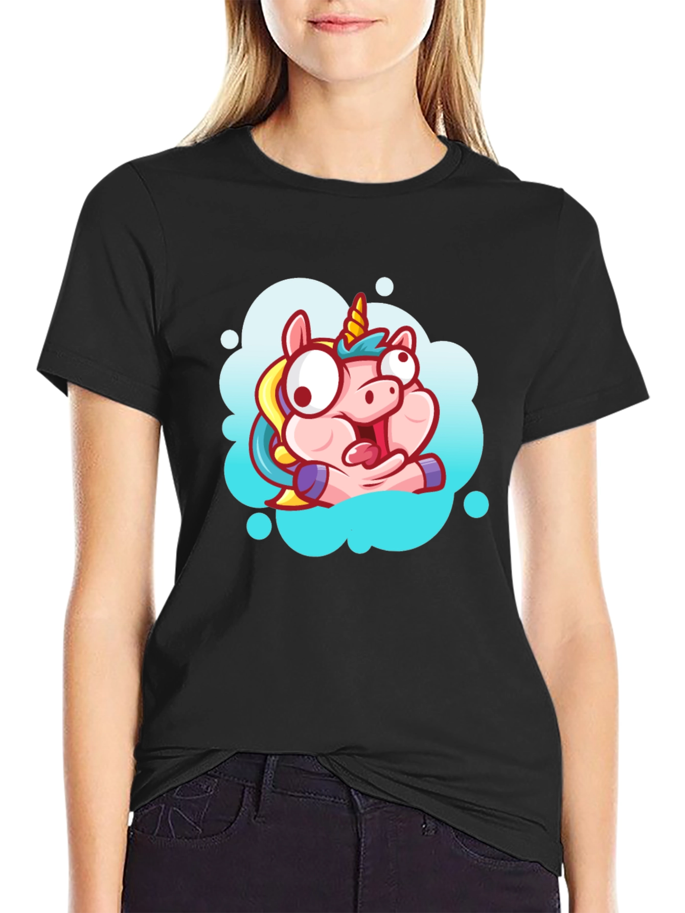 Unicorn Cartoon Graphic Black T-Shirt