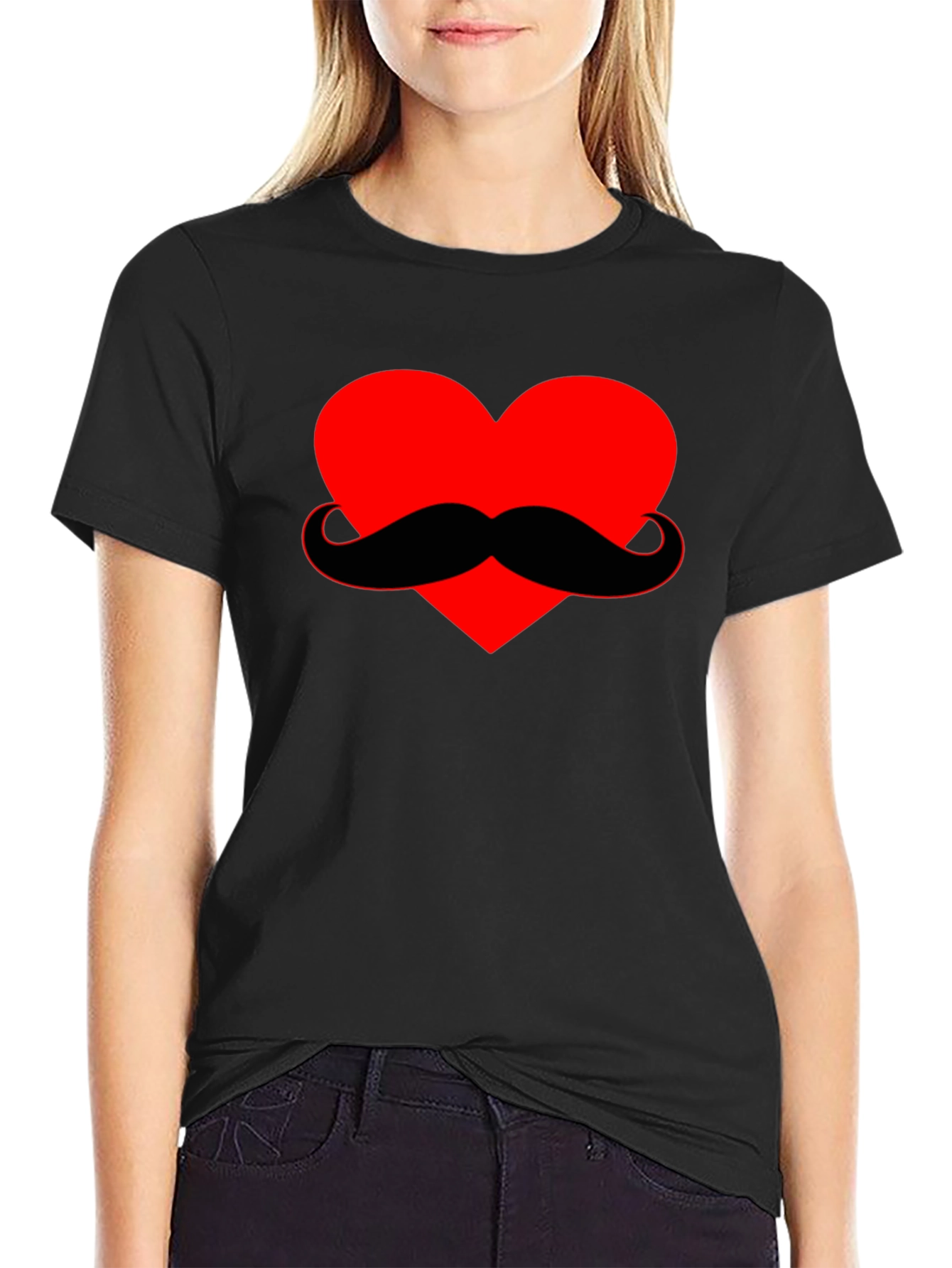 Heart Mustache Graphic Tee - Black Cotton Shirt