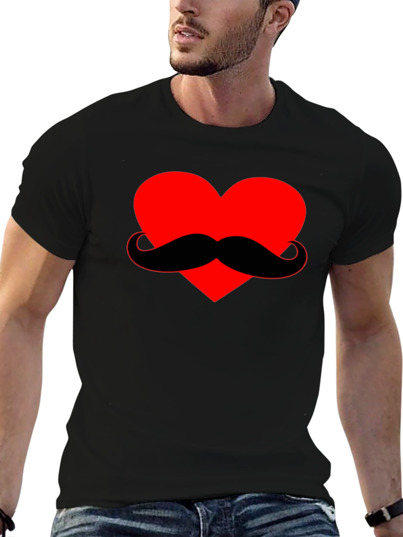 Heart Mustache Graphic Tee - Black Cotton Shirt