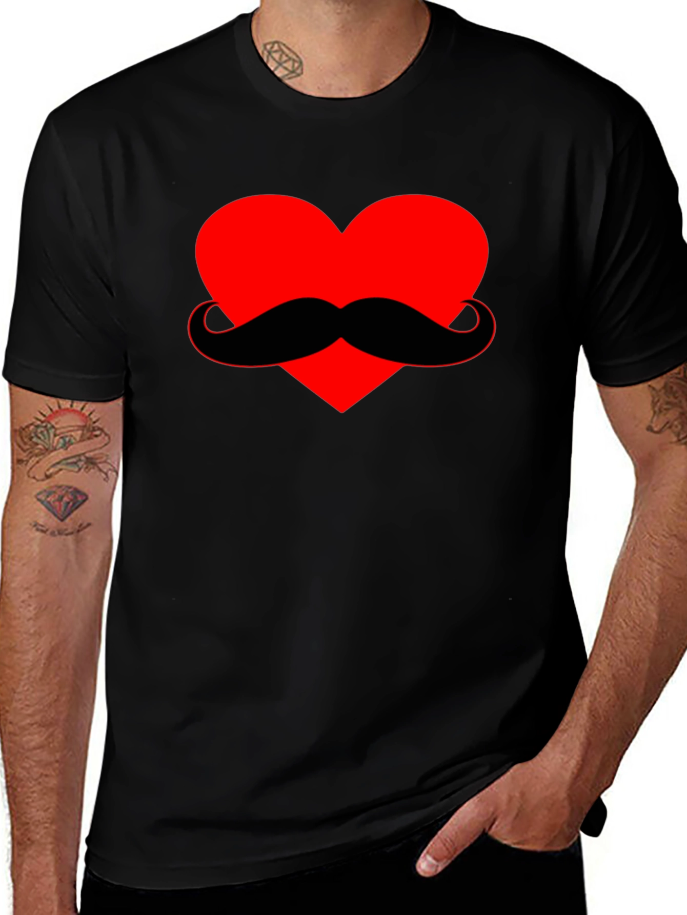 Heart Mustache Graphic Tee - Black Cotton Shirt