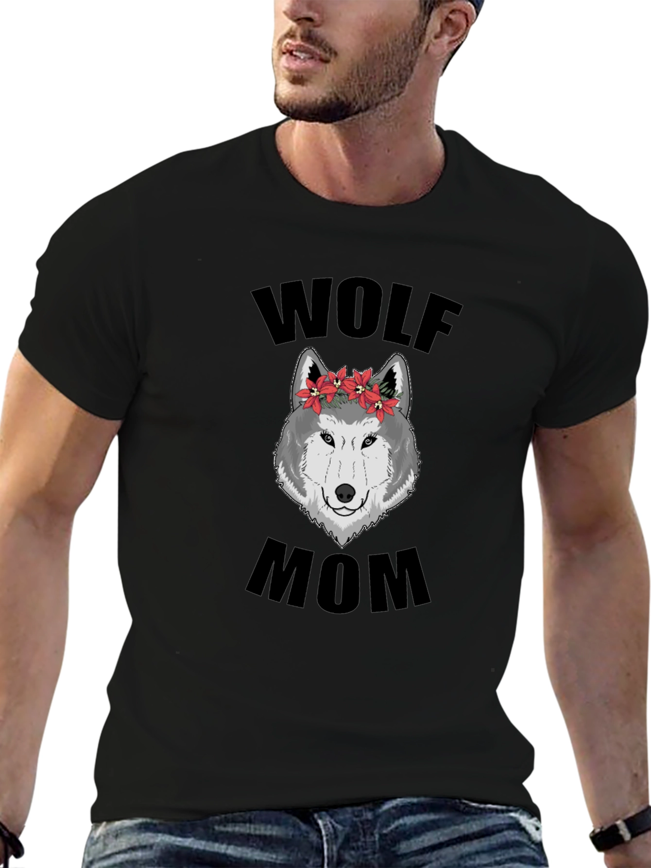 Wolf Mom Floral Graphic T-Shirt - Black