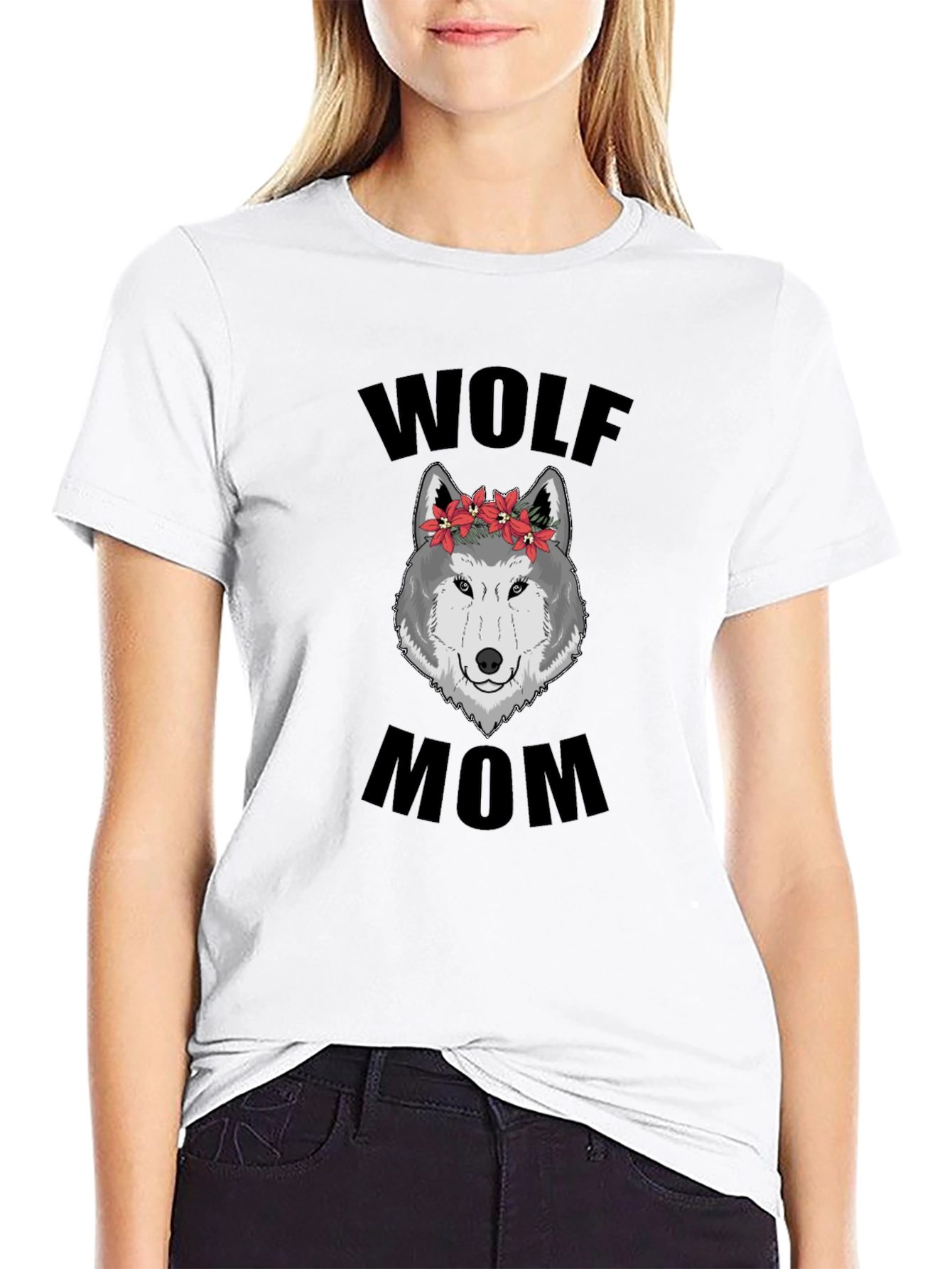 Wolf Mom Floral Graphic T-Shirt - Black