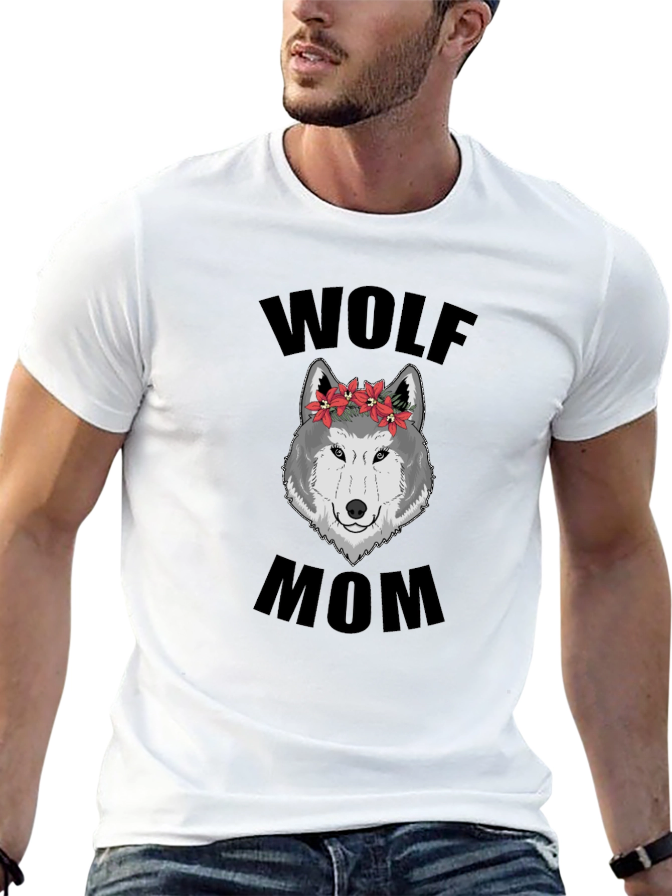 Wolf Mom Floral Graphic T-Shirt - Black