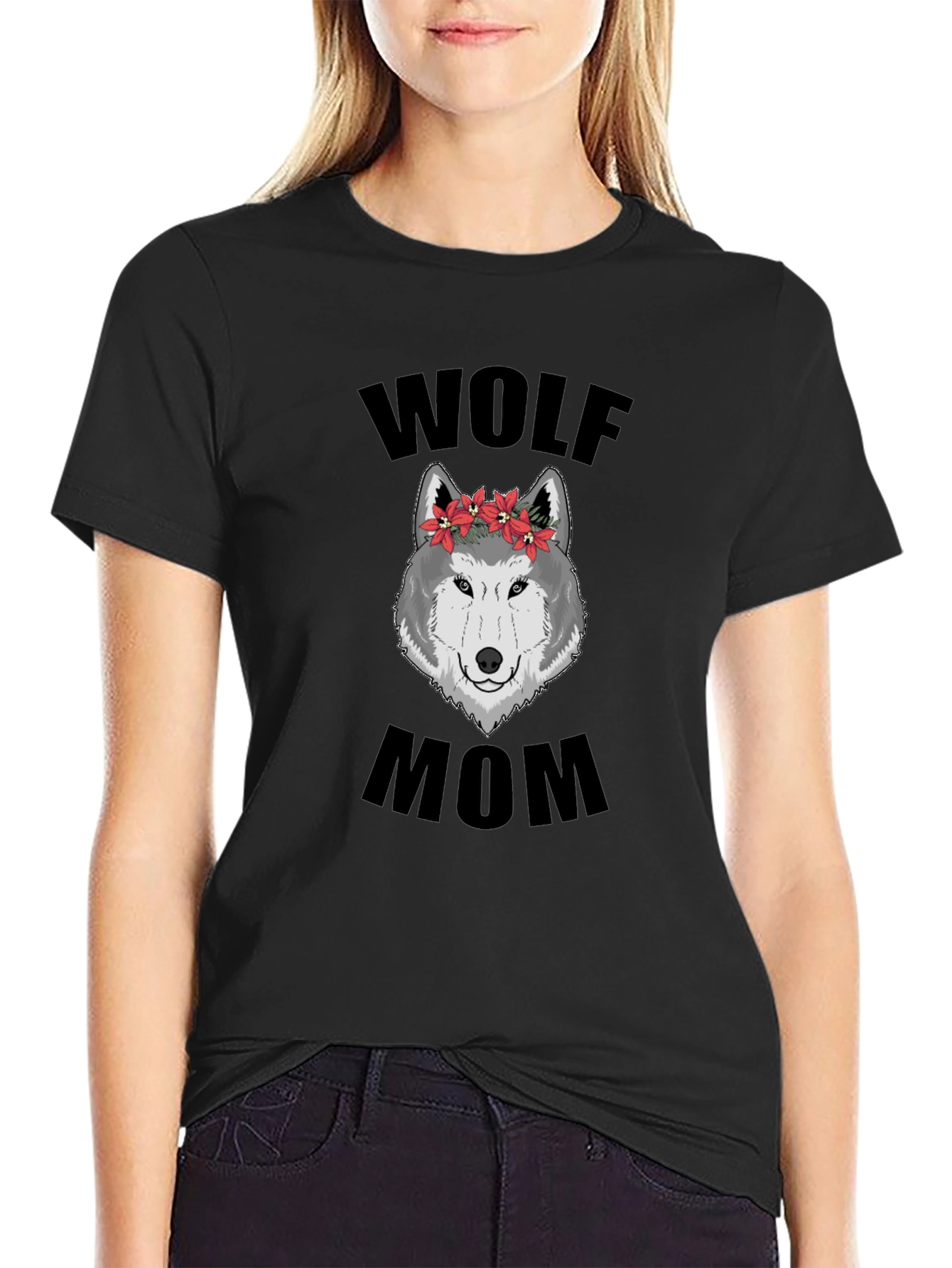 Wolf Mom Floral Graphic T-Shirt - Black