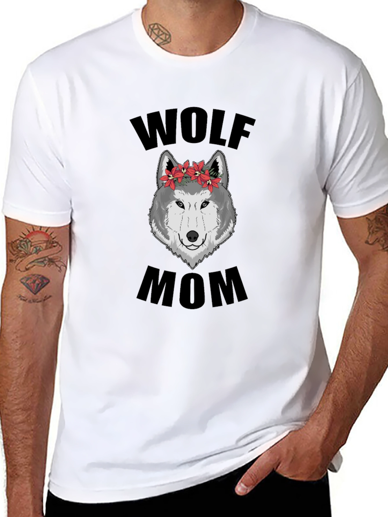 Wolf Mom Floral Graphic T-Shirt - Black