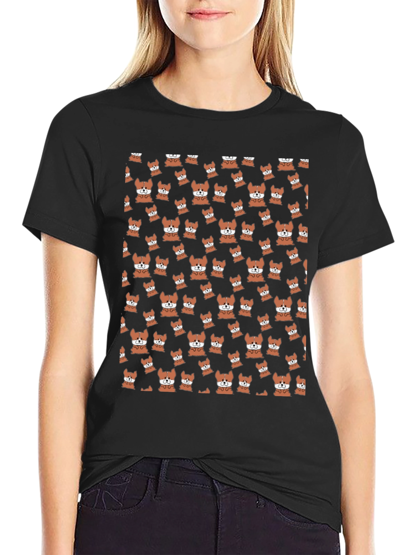 Cute Corgi Pattern Black T-Shirt