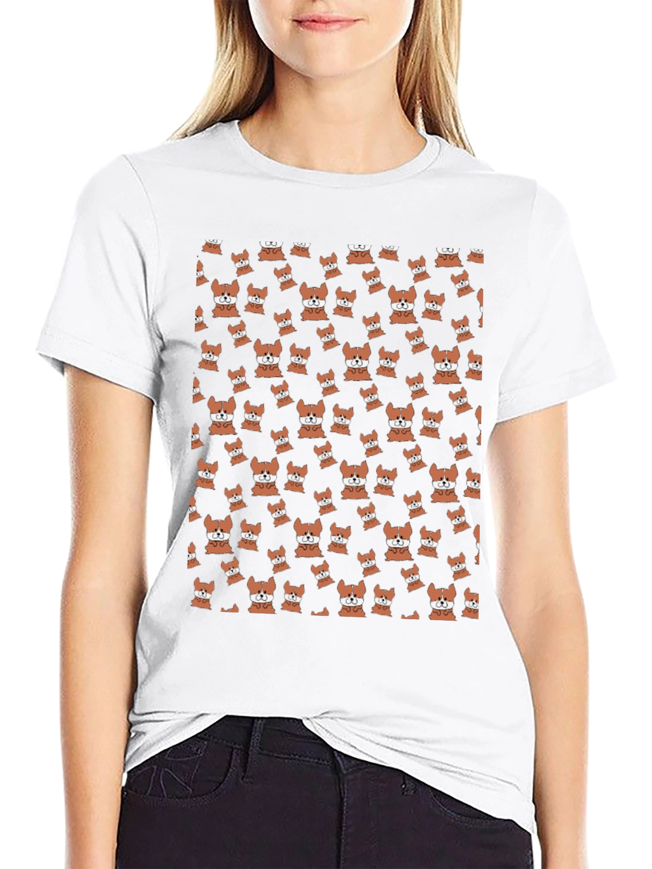 Cute Corgi Pattern Black T-Shirt