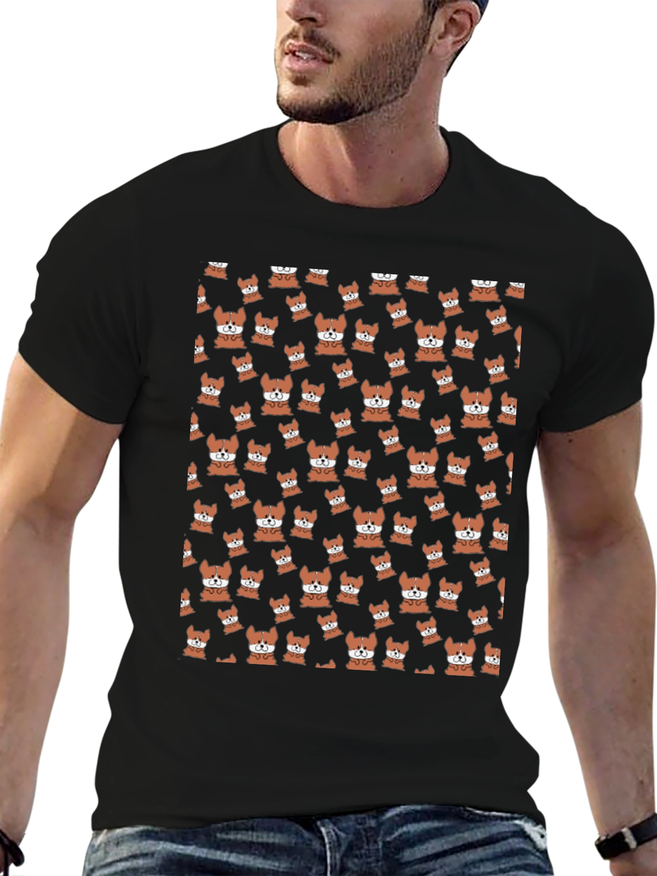 Cute Corgi Pattern Black T-Shirt