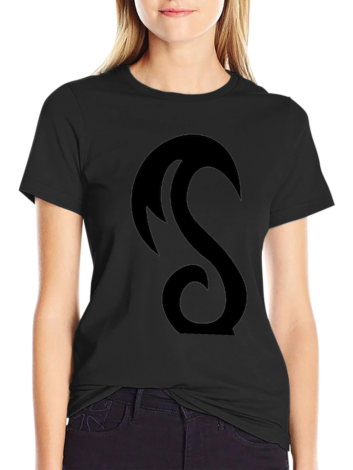 Black Tee with Abstract Crescent Design