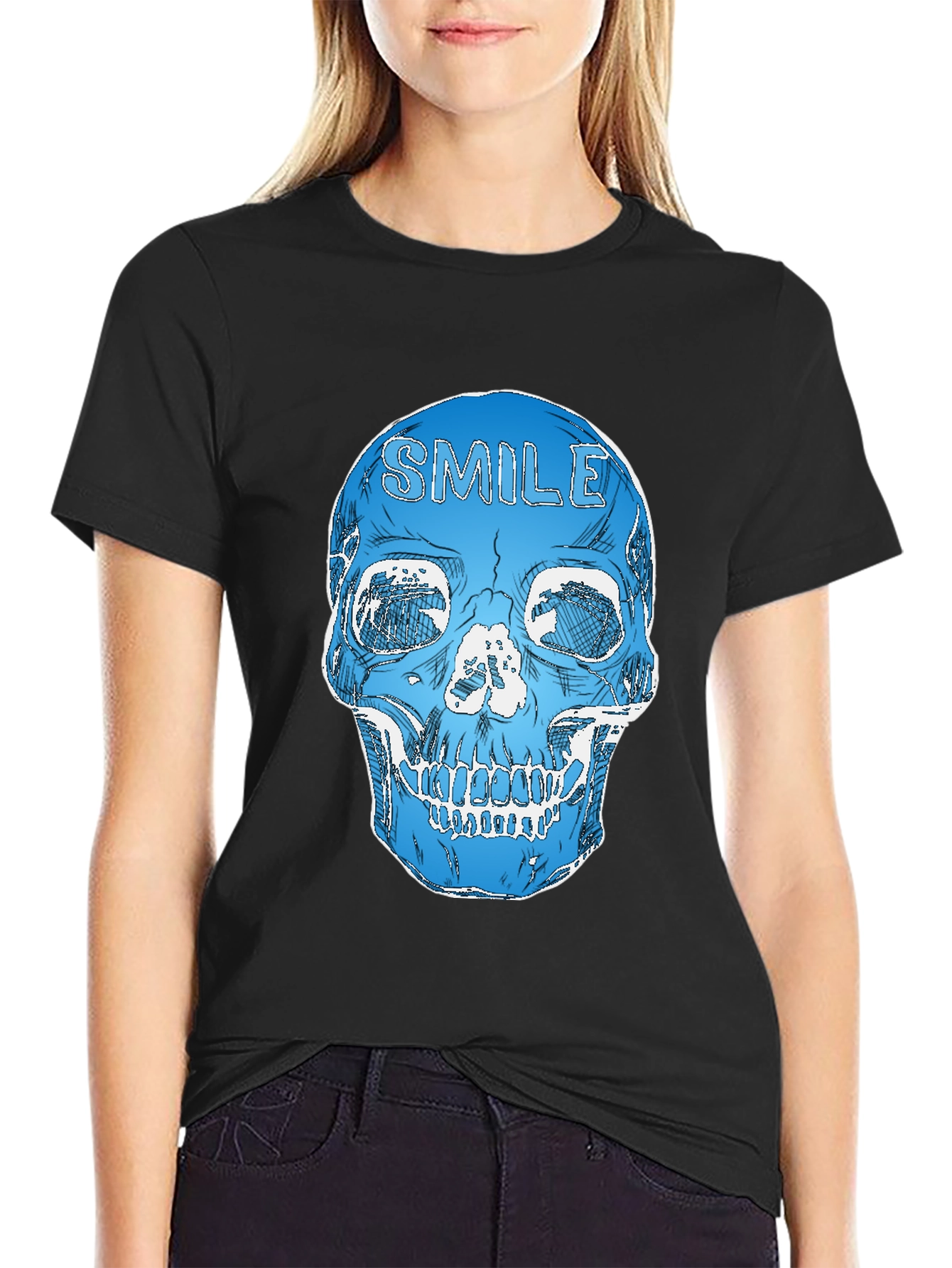 Smile Skull Graphic Tee - Black Cotton Blend