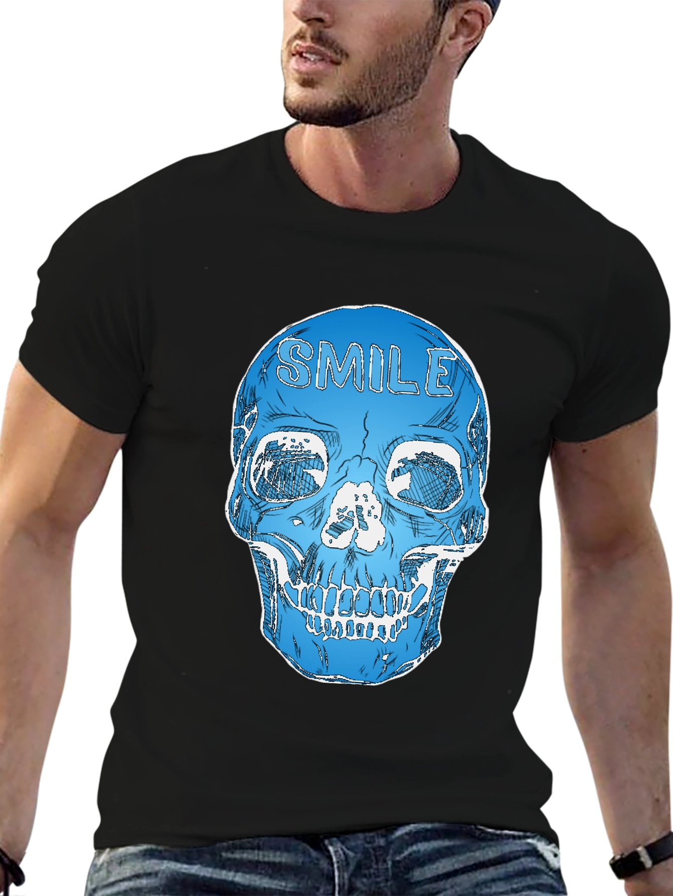 Smile Skull Graphic Tee - Black Cotton Blend