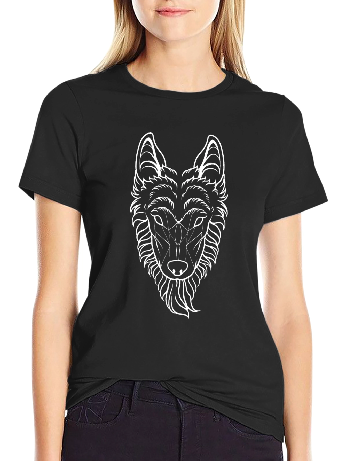 Geometric Wolf Graphic Black T-Shirt